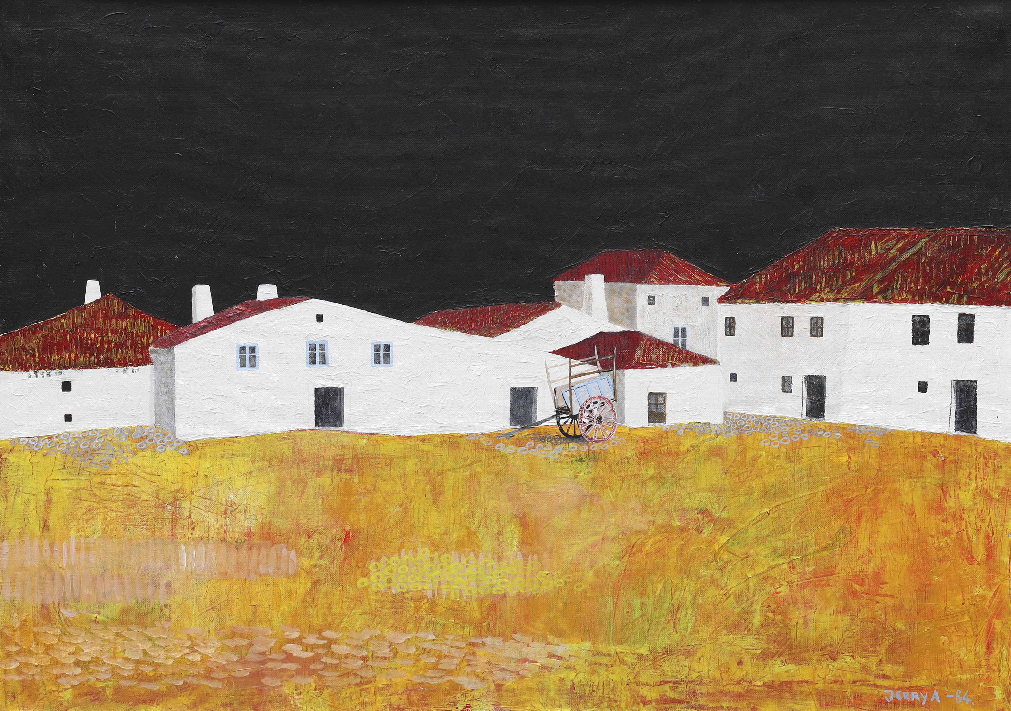 JERRY ANDERSSON. olja på duk, "Siesta - spansk by", Soncillo, signerad Jerry A, daterad -64.