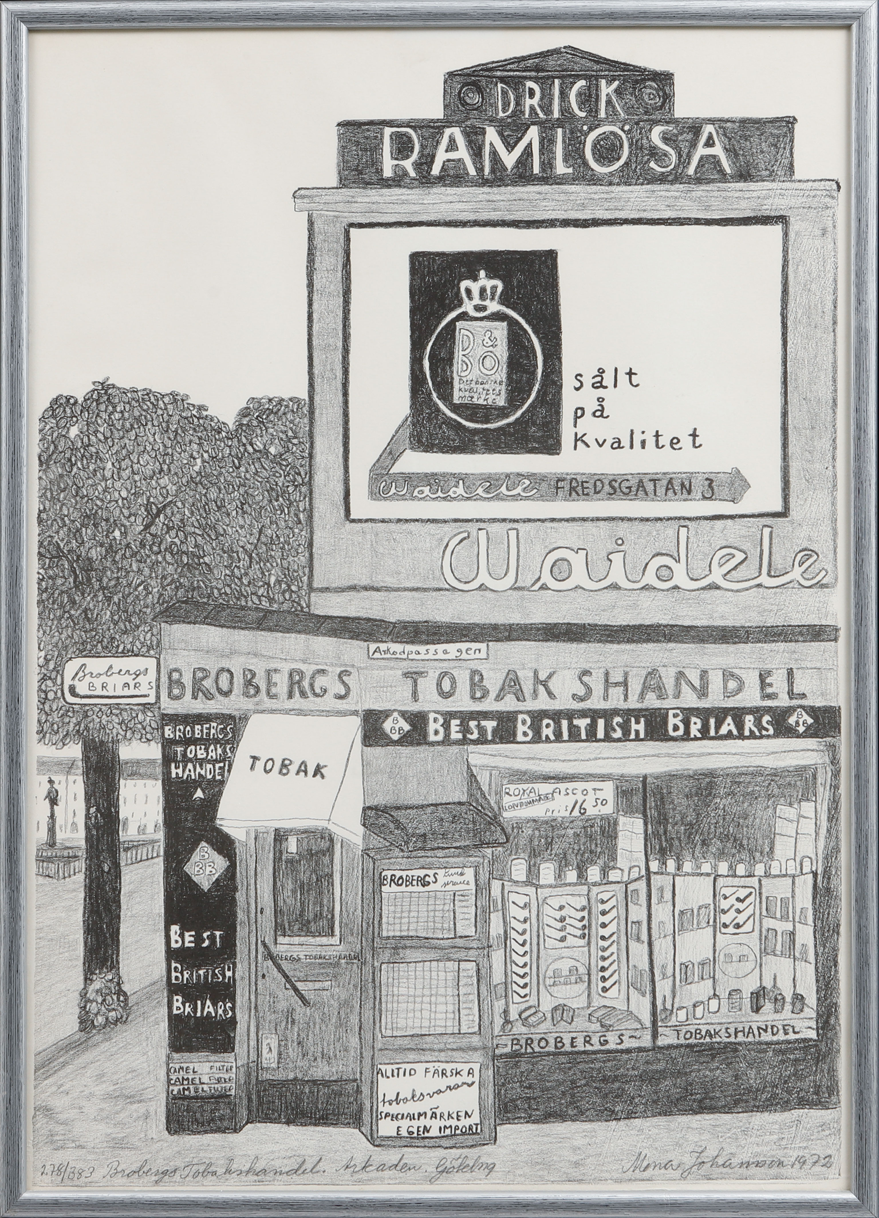 MONA JOHANSSON. "Brobergs tobakshandel. Arkaden Göteborg", litografi, signerad , numrerad 278/383 och daterad 1972.