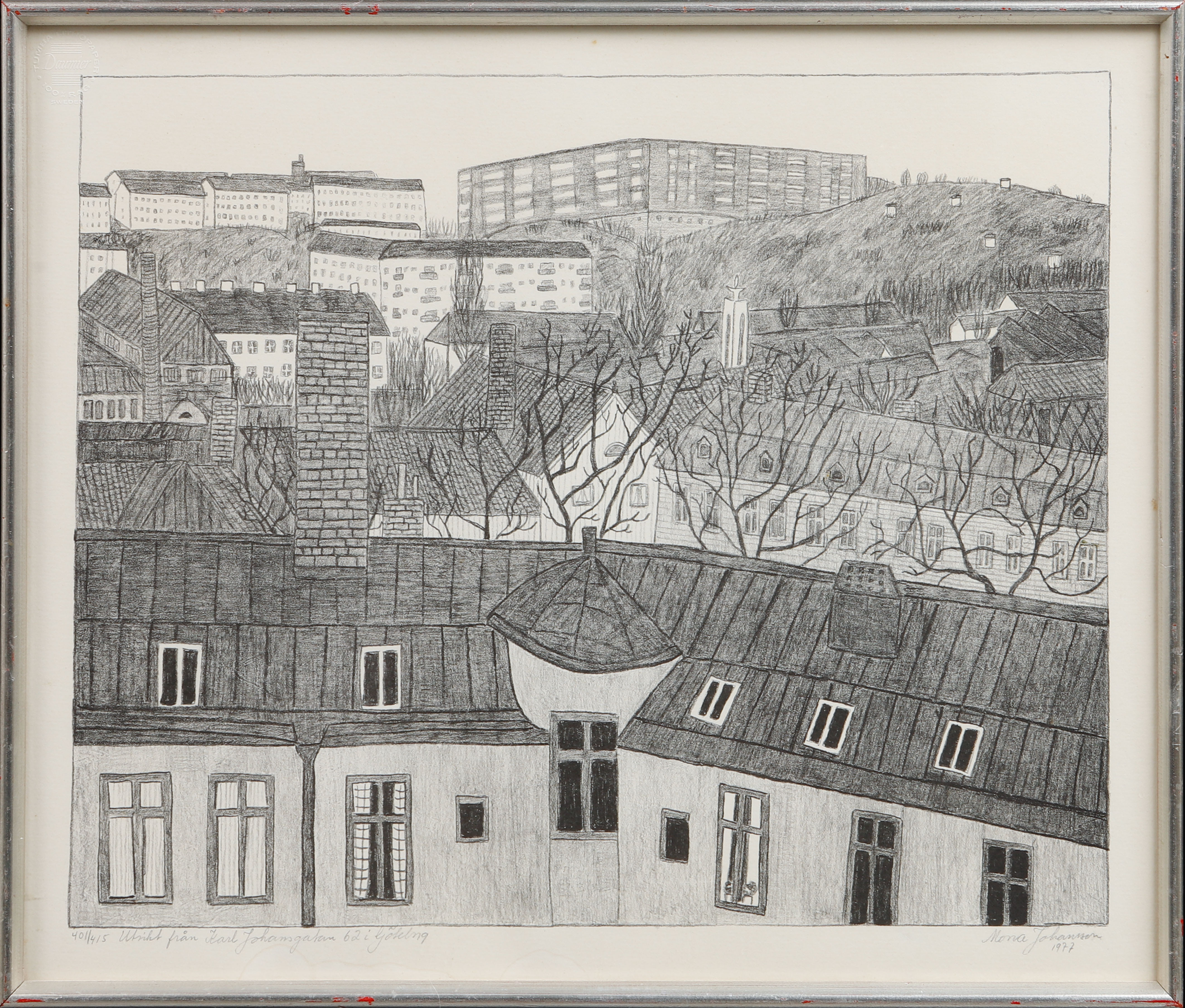 MONA JOHANSSON. "Utsikt från Karl Johansgatan 62 i Göteborg", litografi, signerad, numrerad 401/415 och daterad 1977.