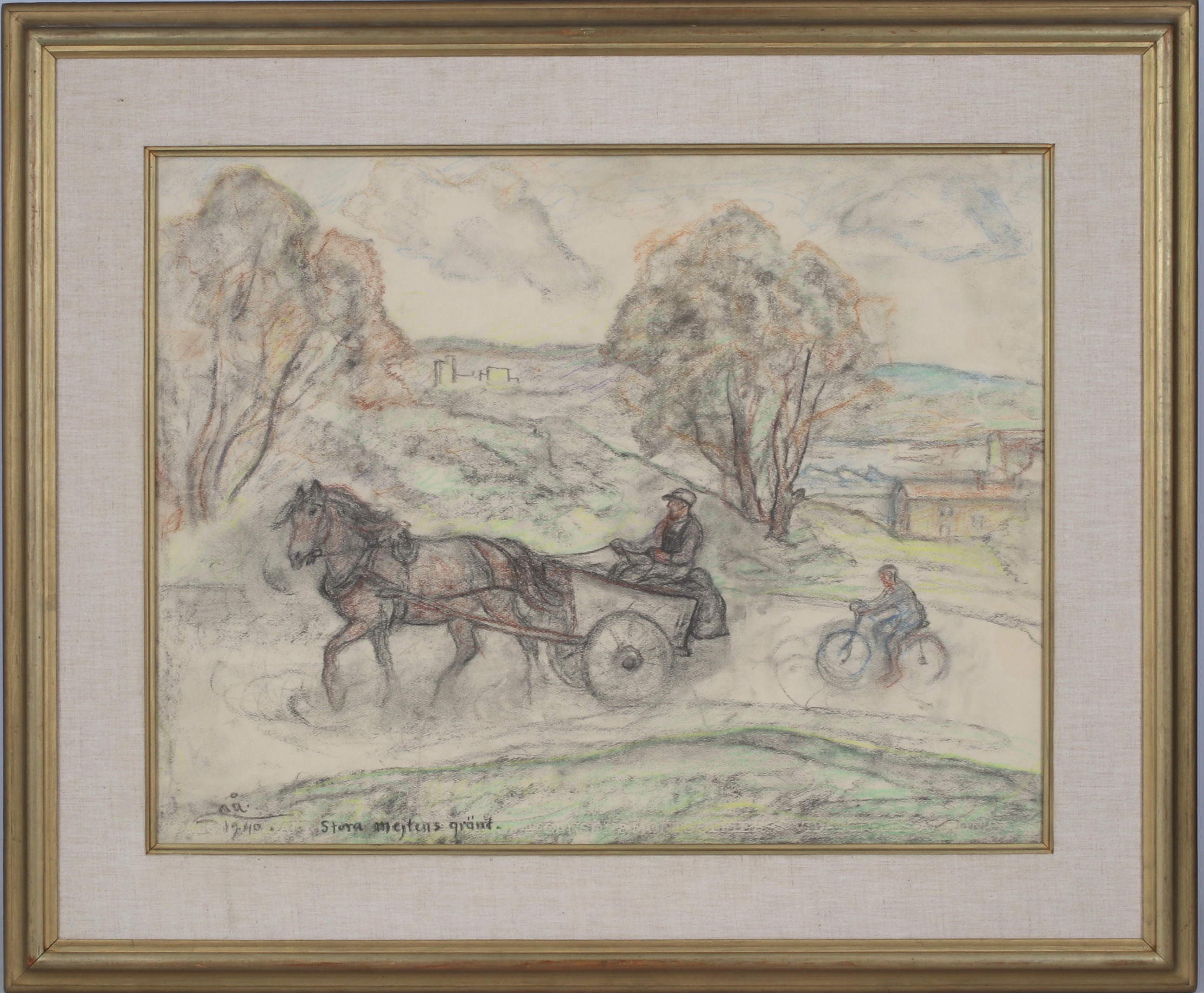 ACKE ÅSLUND. "Stora Mejtens gränd", pastell på papper, monogramsignerad och daterad 1949.