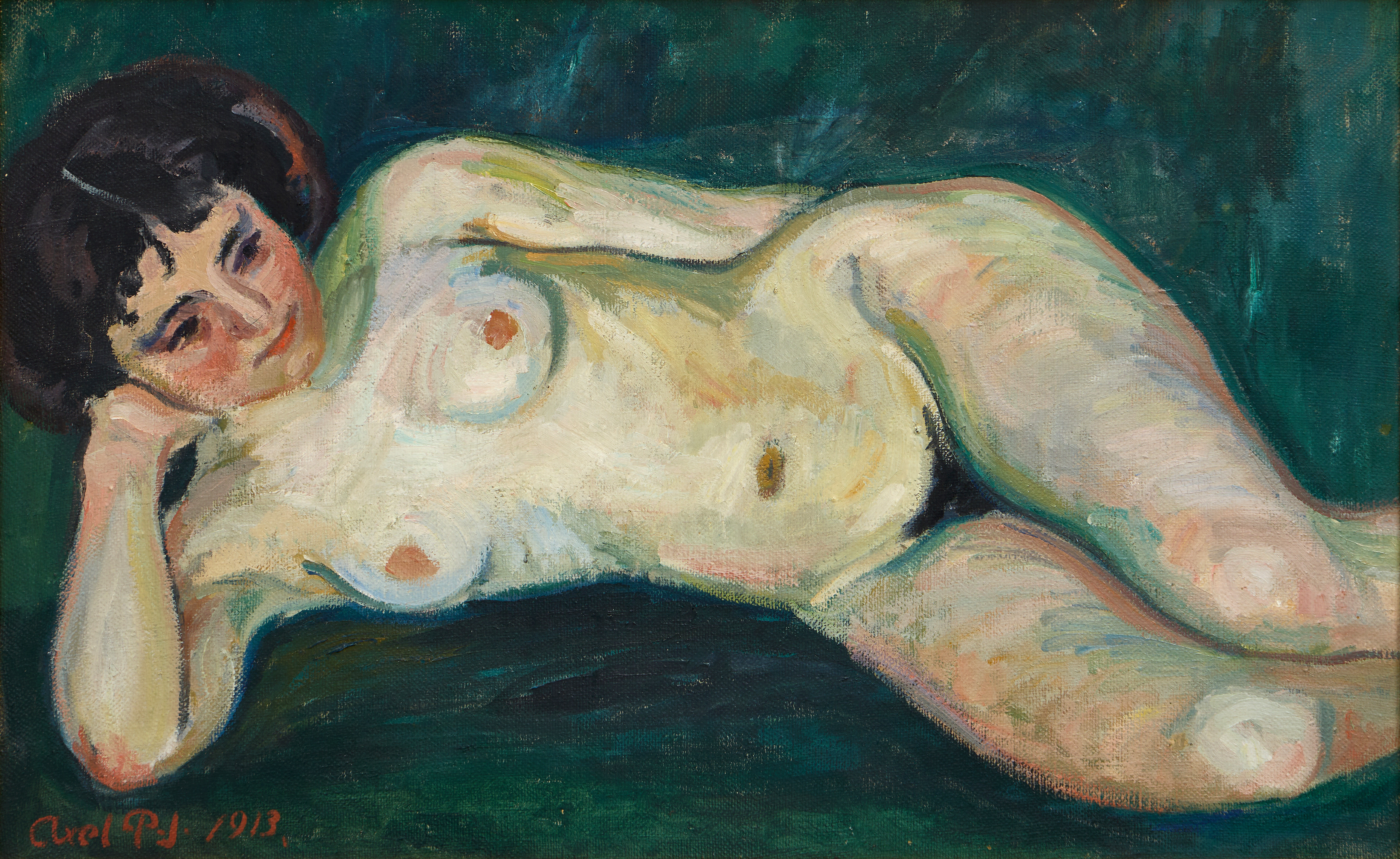 AXEL P. JENSEN (Danmark, 1885-1972). Liggande modell, signerad och daterad Axel P. J. 1913, olja på duk.
