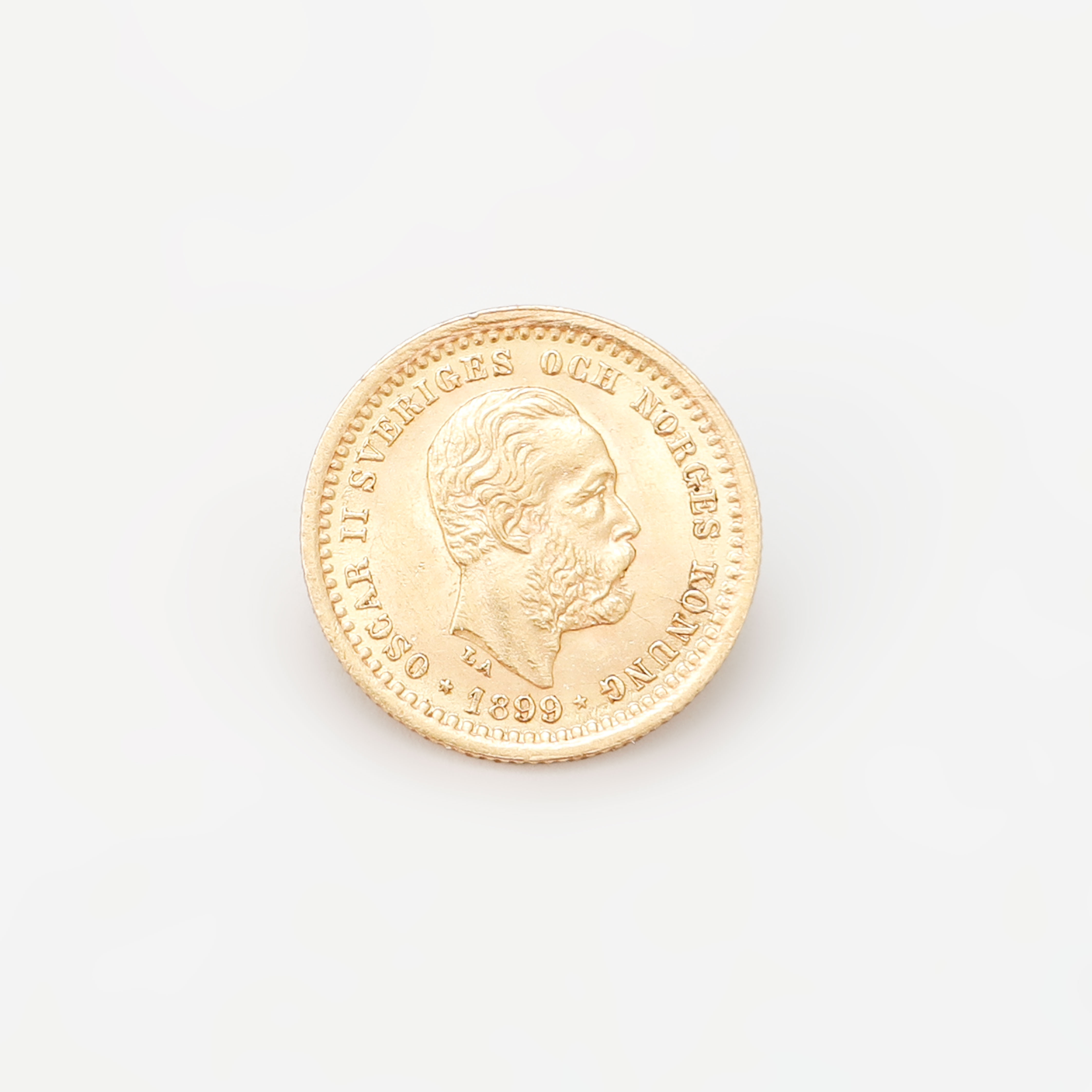 MYNT, guld, 5 kronor, Oscar II 1899, vikt ca 2,2 gram.