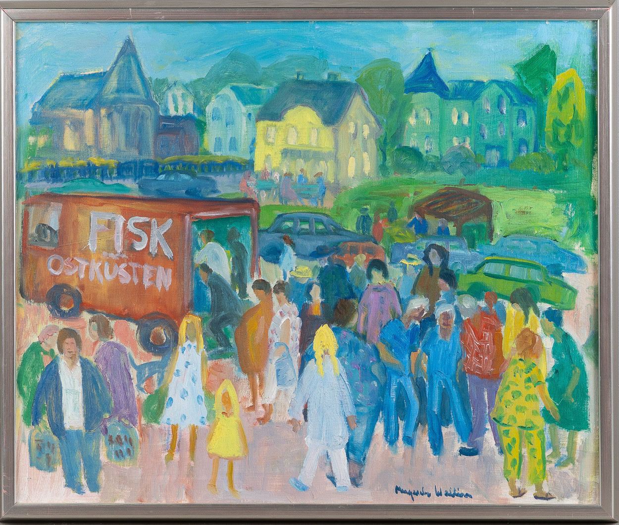MARGARETA WALLIN (1912–1992). "Fiskbilen är här", olja på duk, signerad.