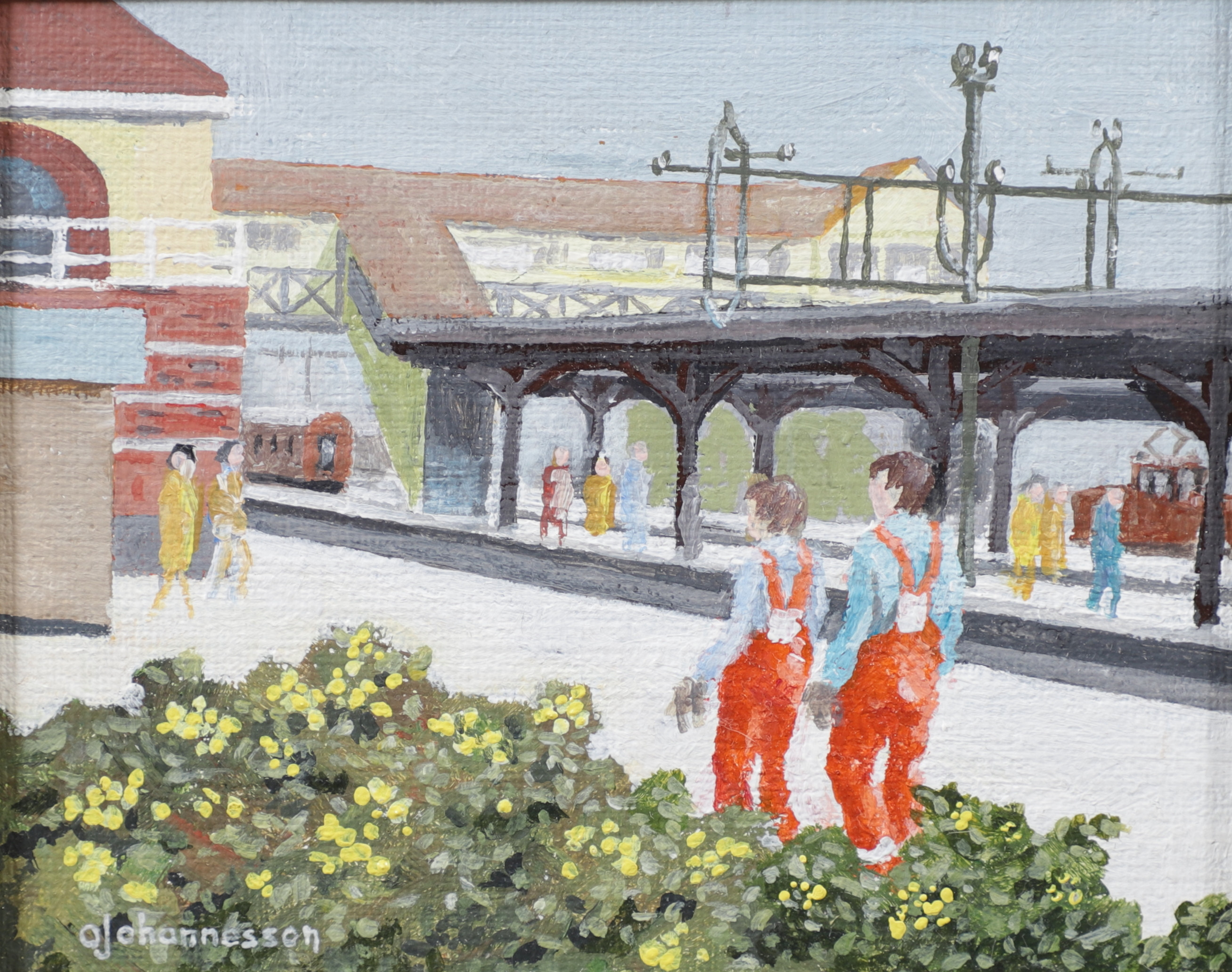 OVE JOHANNESSON. Alvesta Järnvägsstation, olja på pannå, signerad.