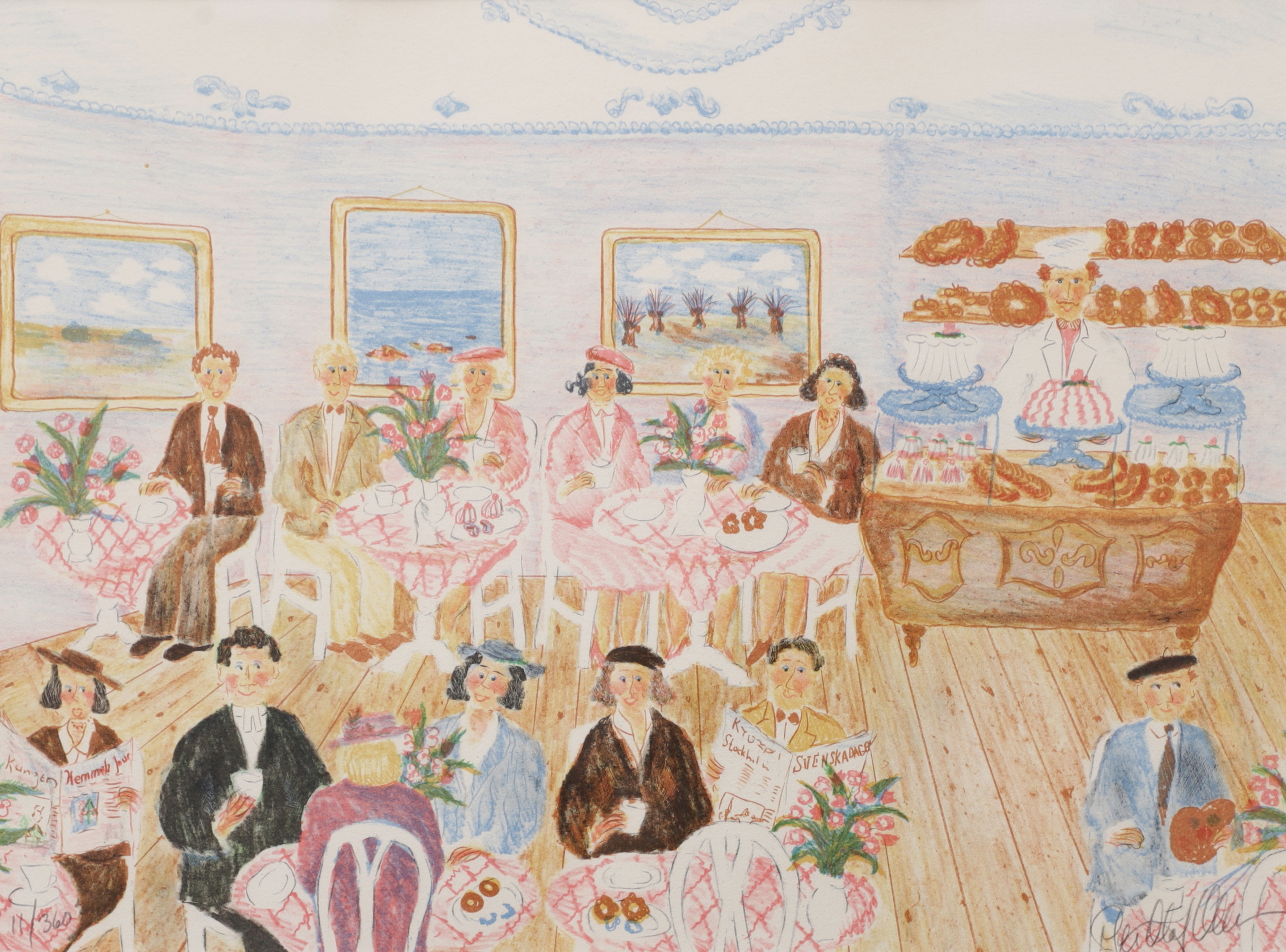 PER-OLOF OLSSON. "Café Läckerbiten", färglitografi, signerad och numrerad 11/360.