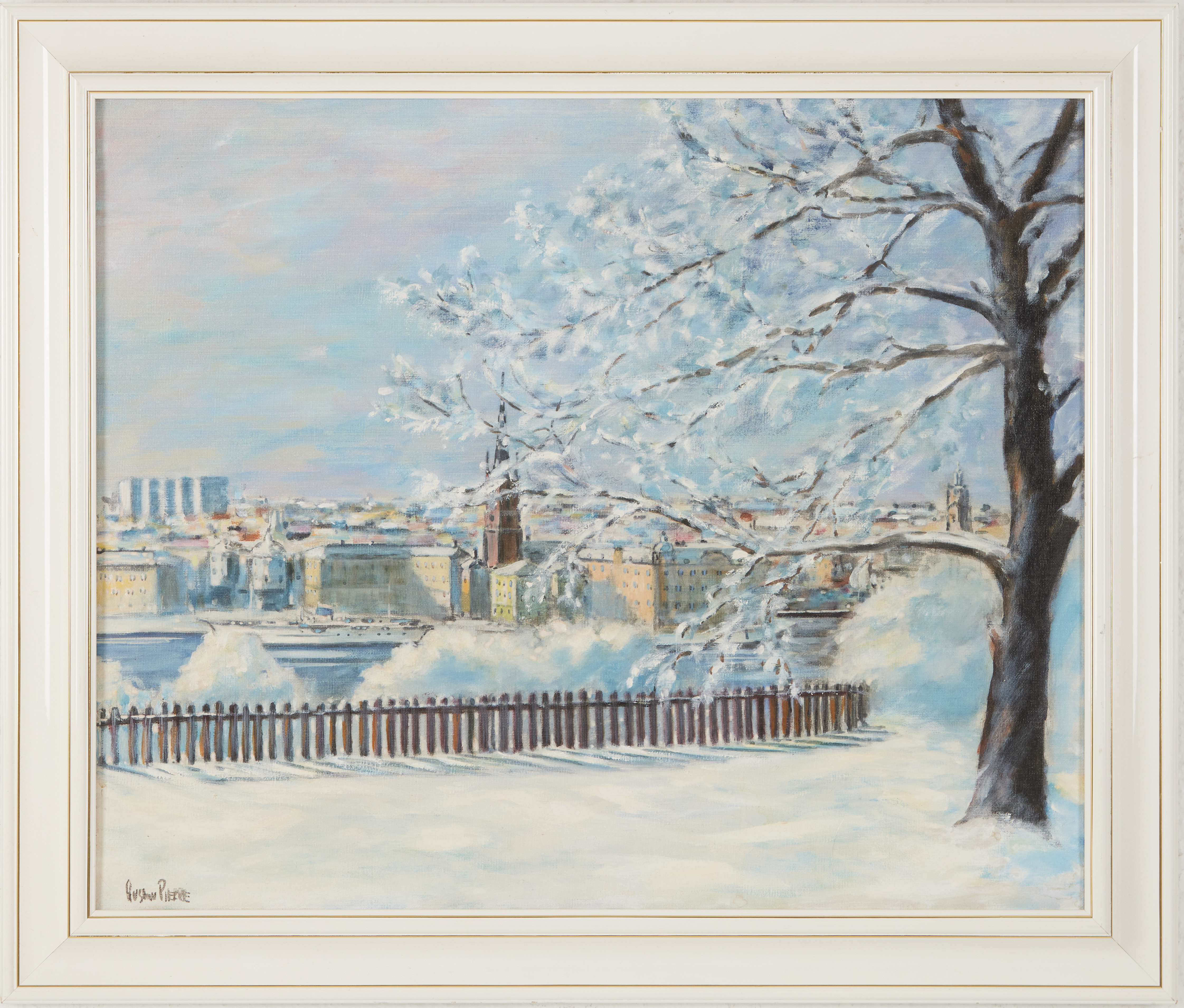 GUSTAV PIERRE (FÖDD 1939). "Stockholms vinter, Skinnarviksberget", olja på duk, signerad.