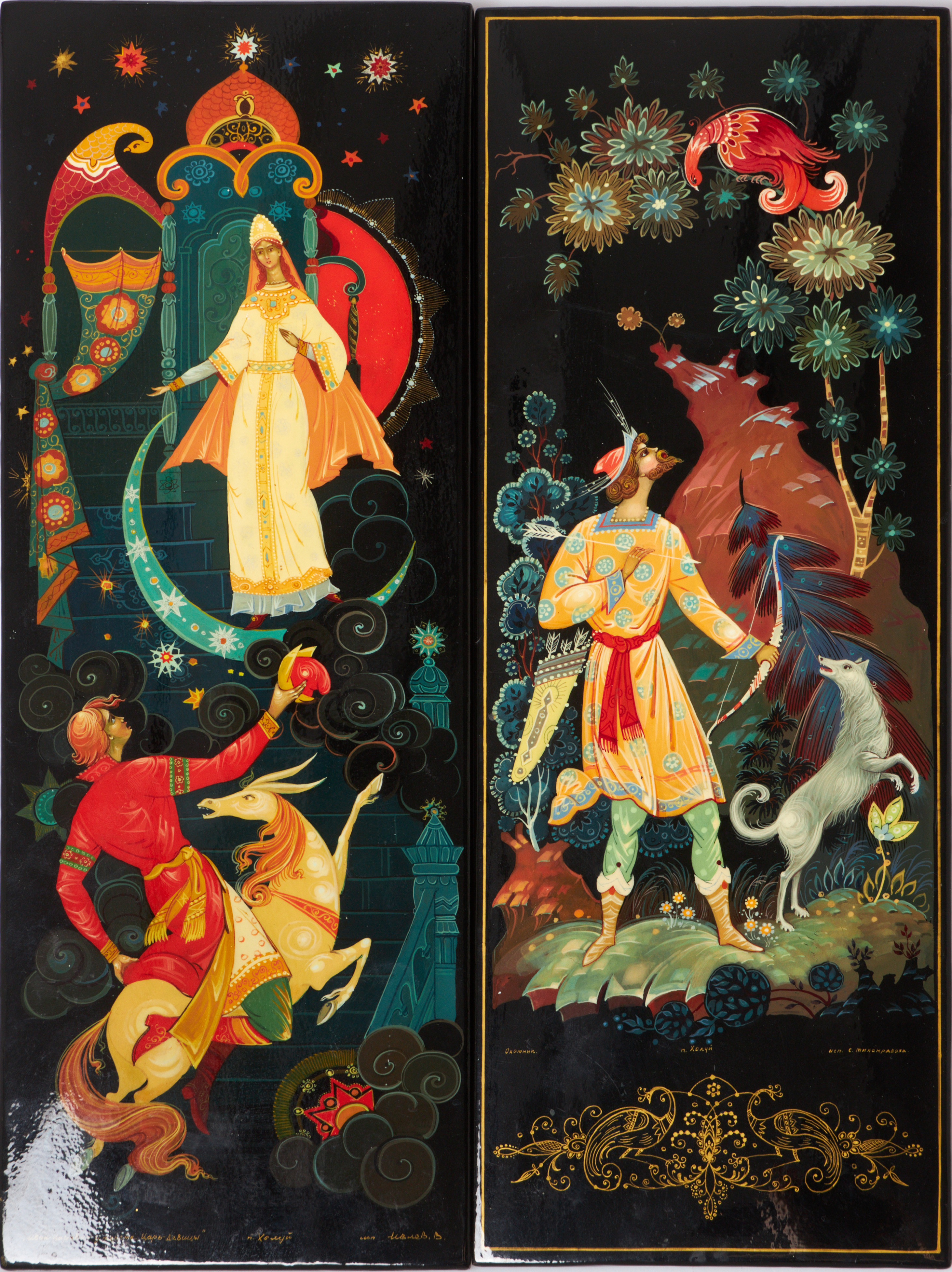 VÄGGTAVLOR, 2 st, sagomotiv, Kholui, Ivanovo-regionen, Ryssland, lackarbete, på papier-maché, signerade, etikettmärkta a tergo.