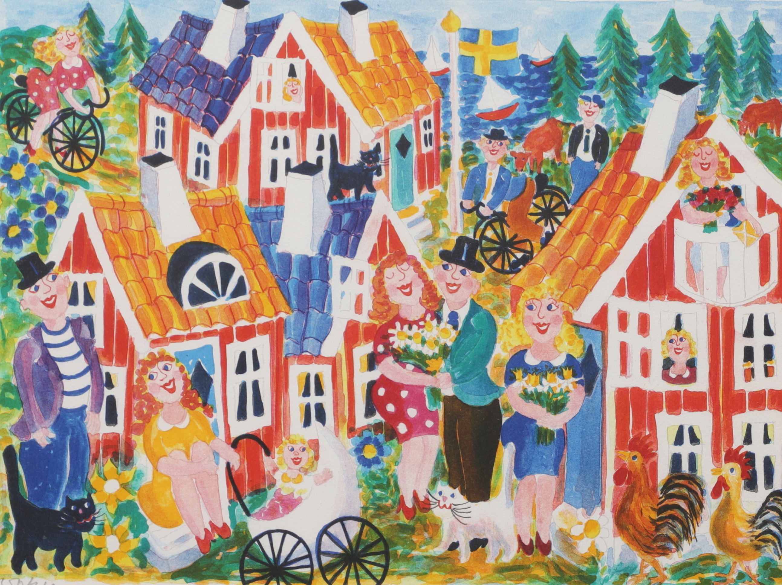 GUNILLA MANN. "Fästefolk", färglitografi, signerad och numrerad 350/360.