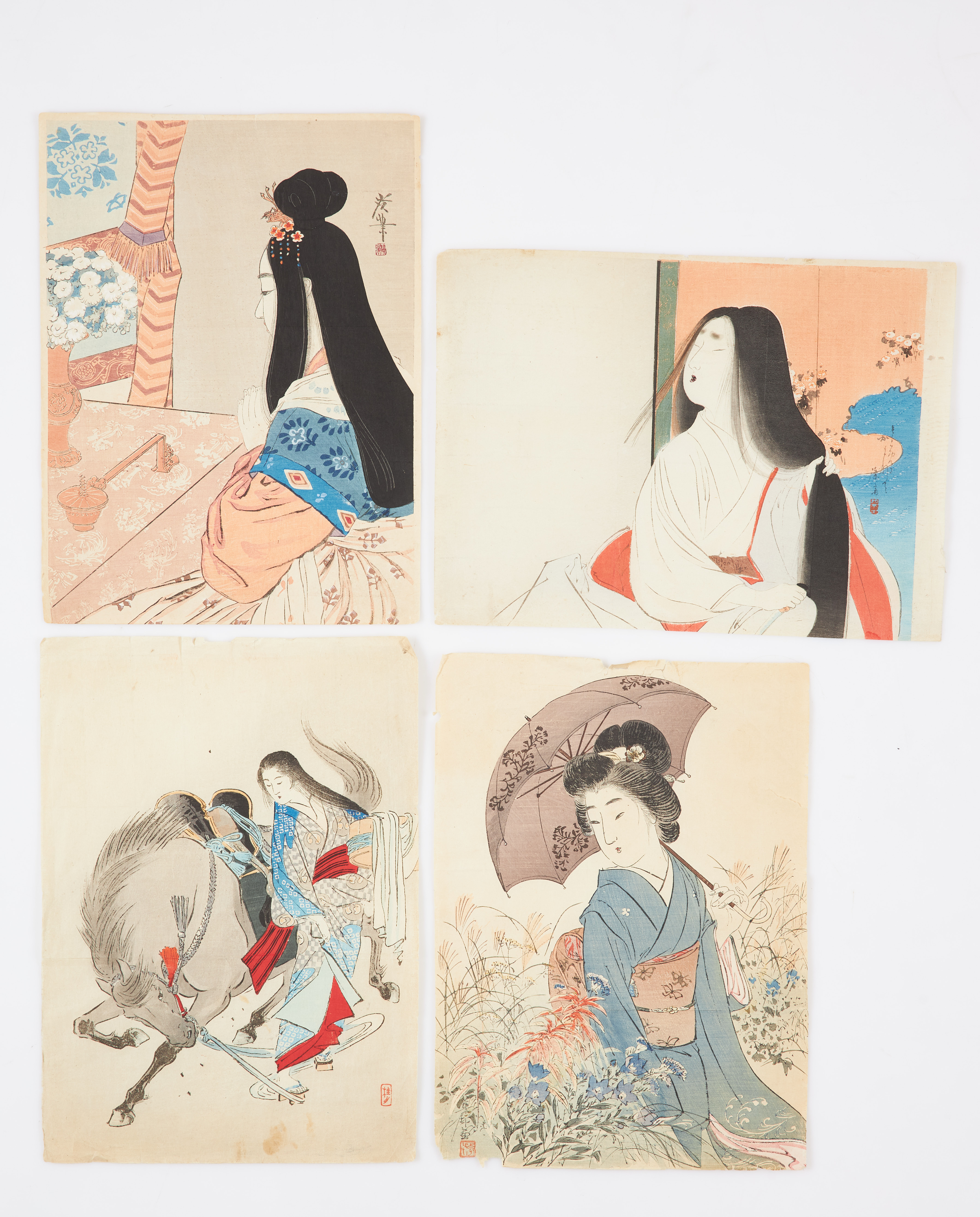 FÄRGTRÄSNITT. 8 st, Japan, kuchi-e, merparten blad ur Bungei Kurabu magasin, 1900-tal.