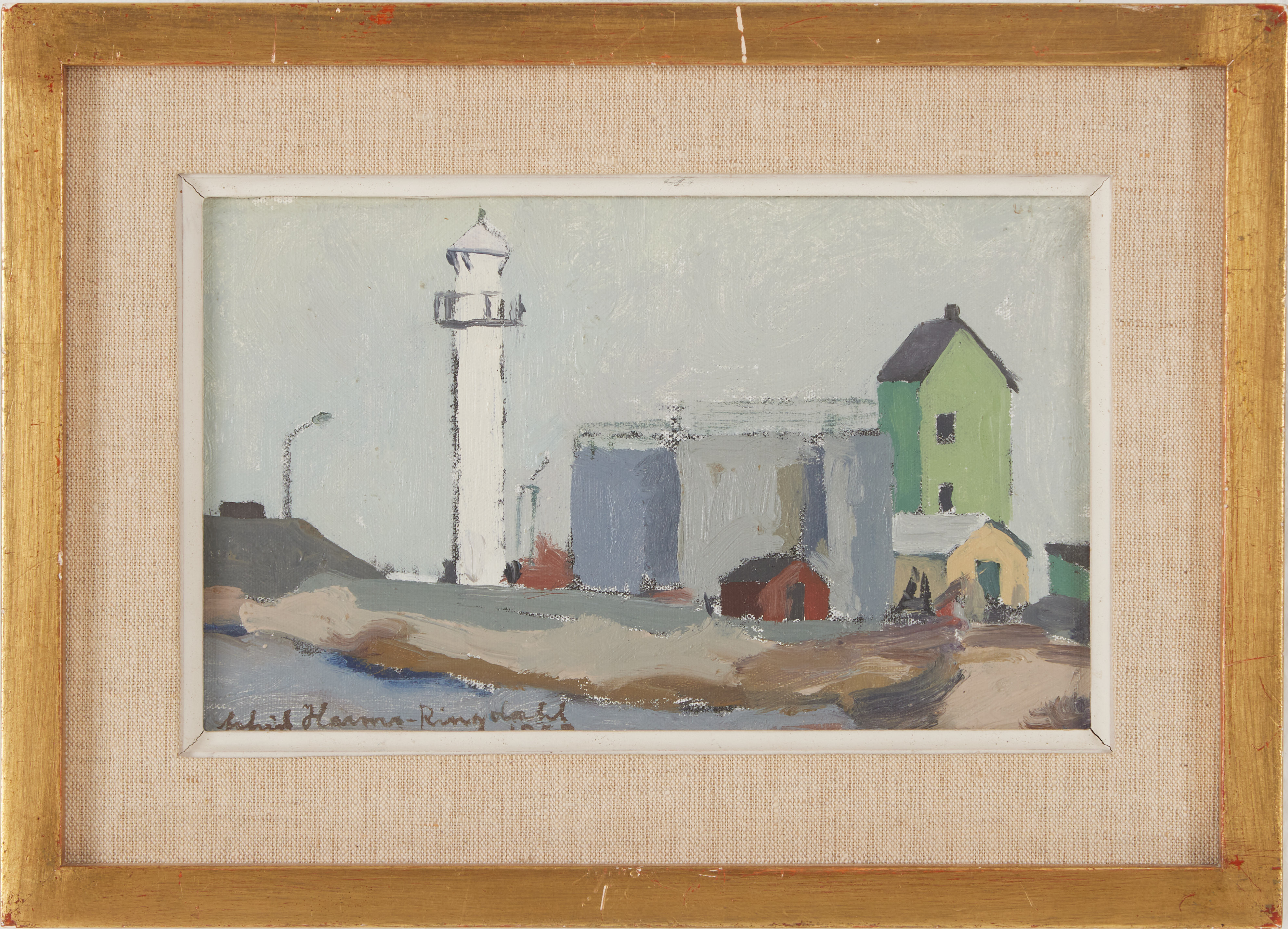 ASTRID HARMS-RINGDAHL (1912-1984). "Fyren i Simrishamn", olja på pannå, signerad.