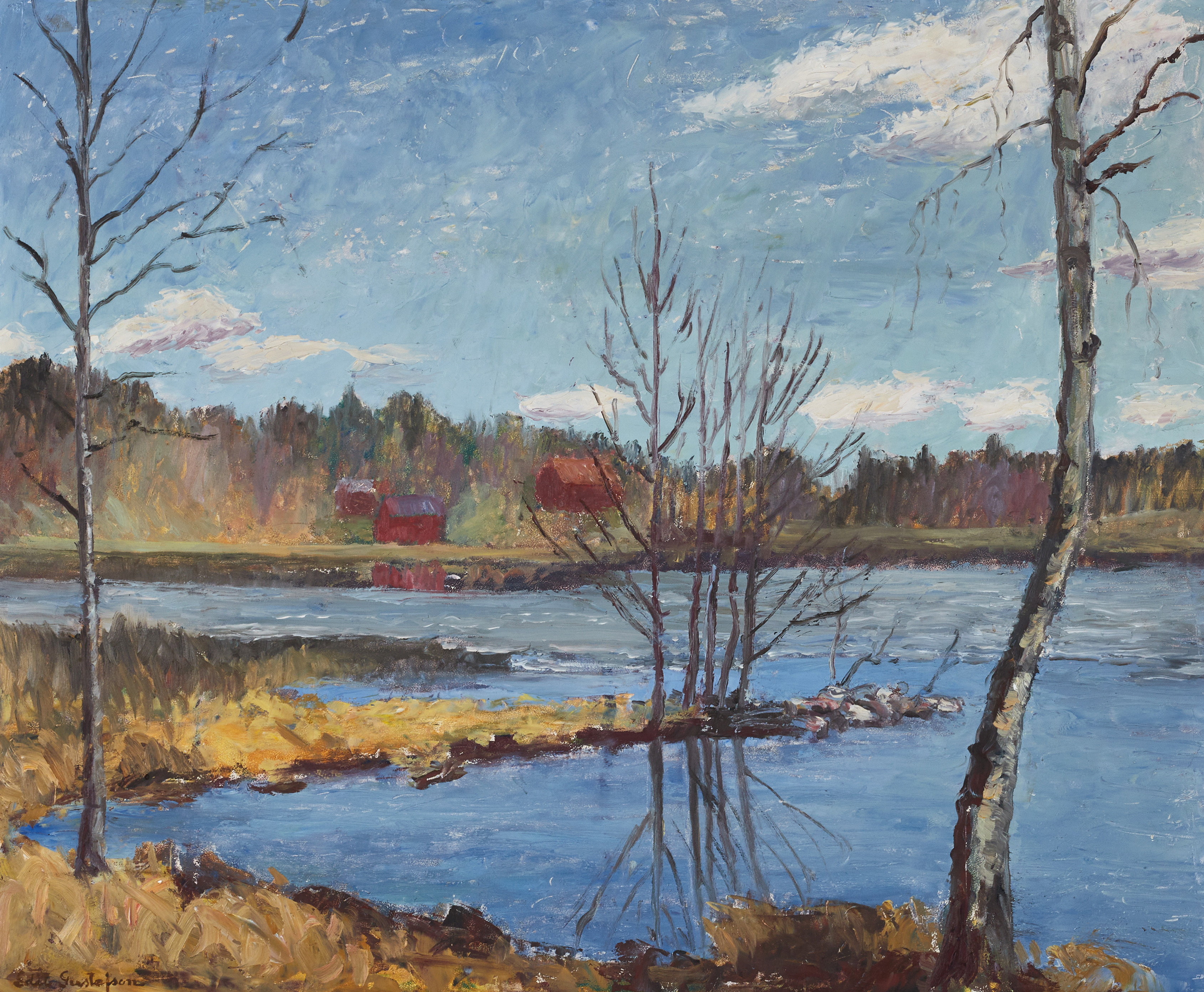 EDIT GUSTAFSON (1888-1968). Sjölandskap med röda stugor, signerad, olja på pannå.