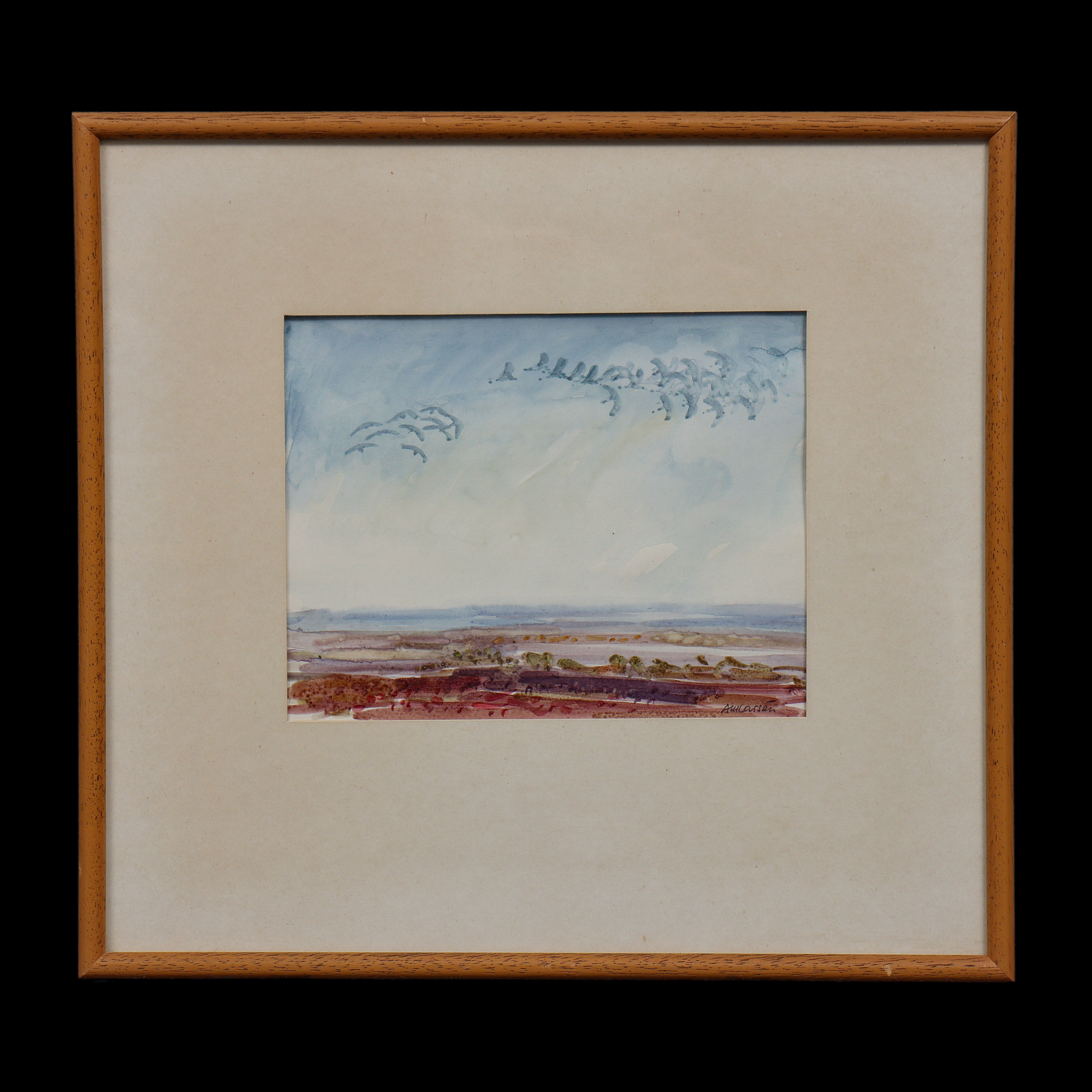 ANN-MARI LARSÉN "TRANOR I SEPTEMBER, ÖLAND 1972" AKVARELL, TEXT A TERGO, INGLASAD, SIGNERAD.