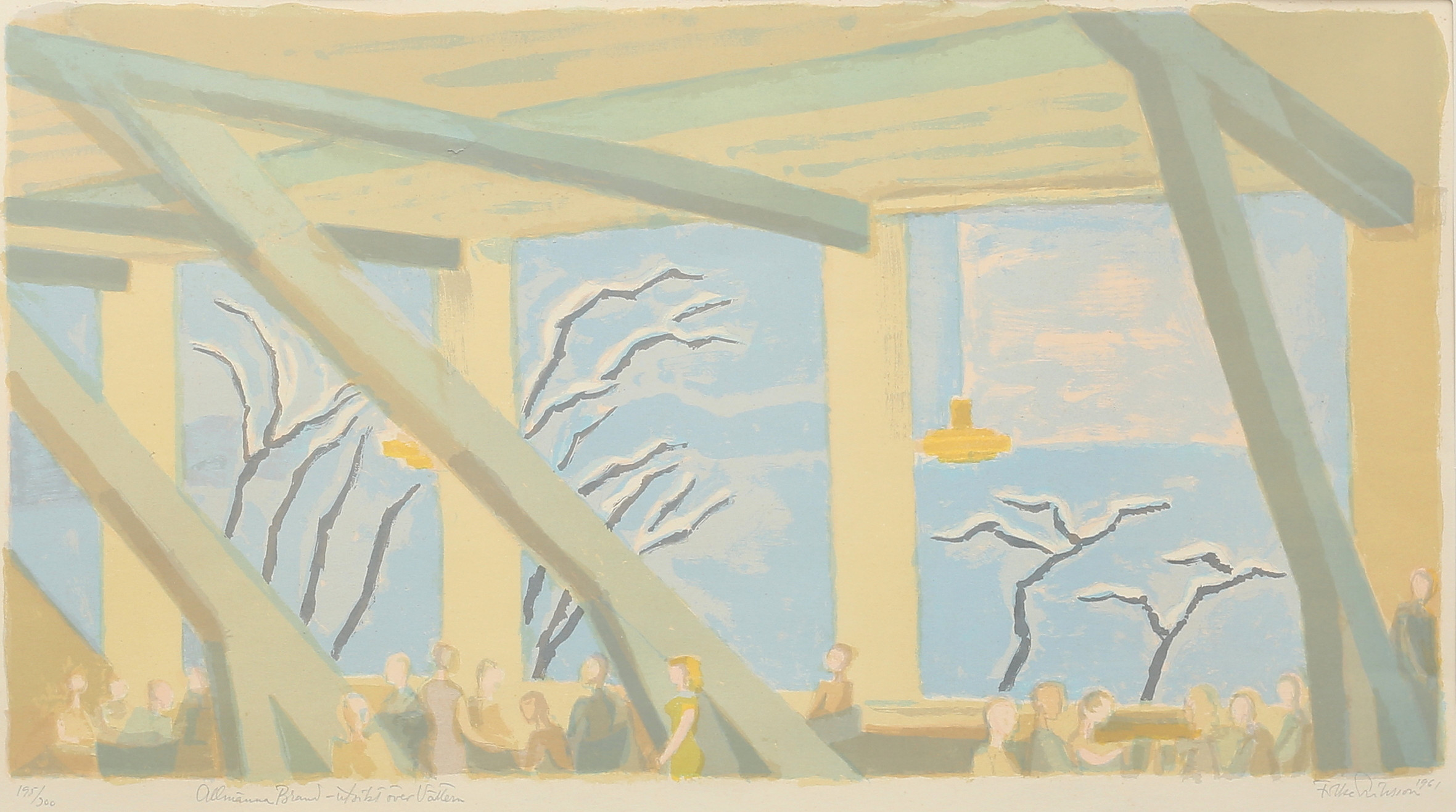 FOLKE ERIKSSON. "Allmänna Brand - Utsikt över Vättern". Färglitografi, signerad och numrerad 195/300, daterad 1961.