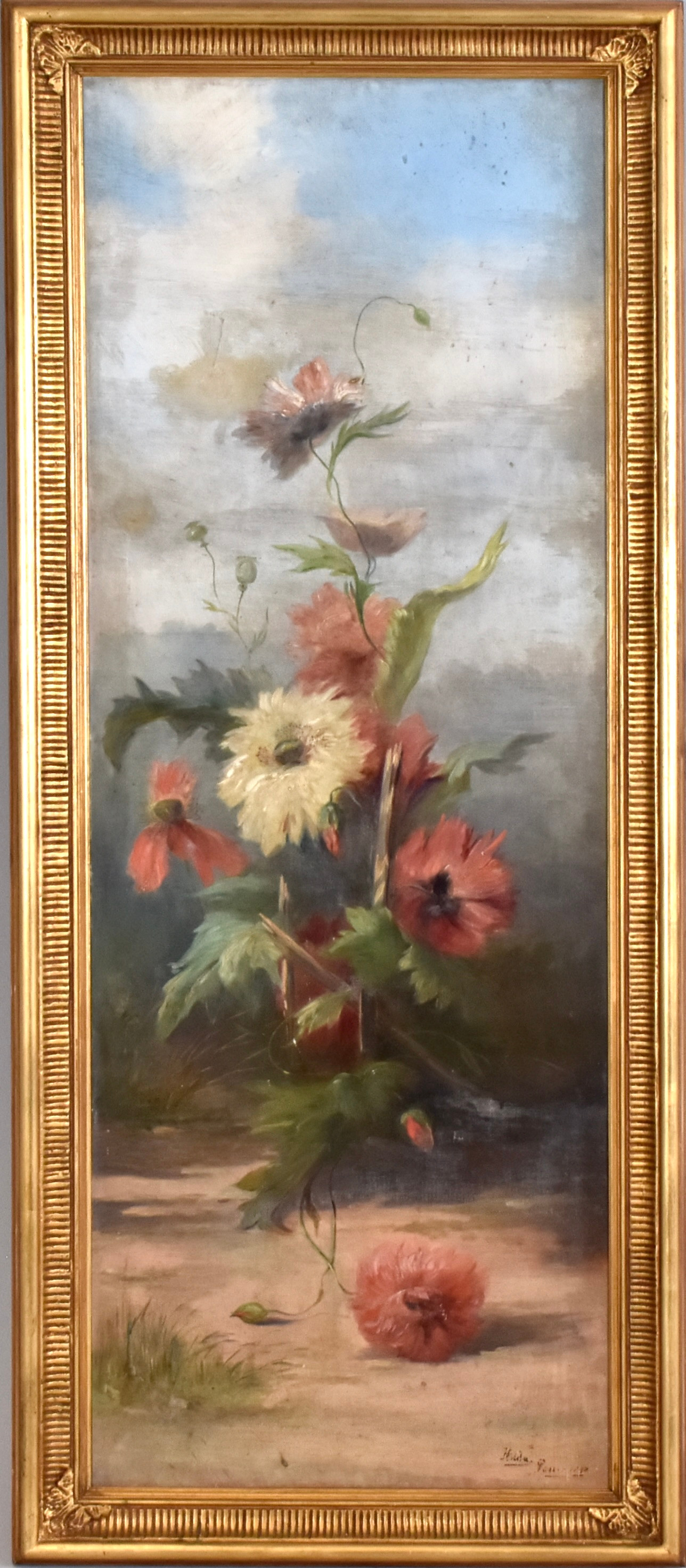 OIDENTIFIERAD KONSTNÄR. oljemålning på duk/del av vikskärm, vallmo.