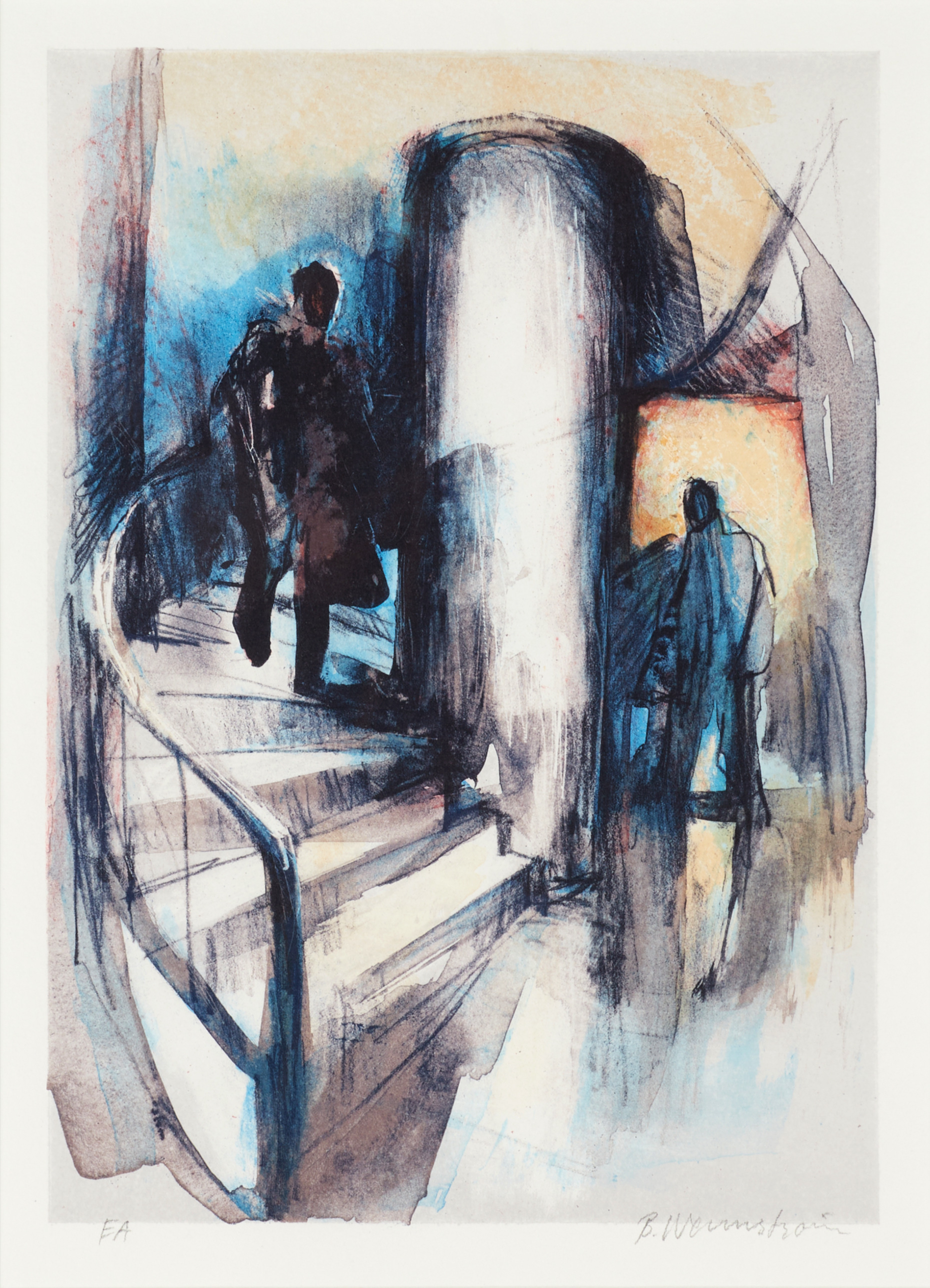BERNDT WENNSTRÖM (f. 1945), Möte i trappen, signerad EA, litografi.