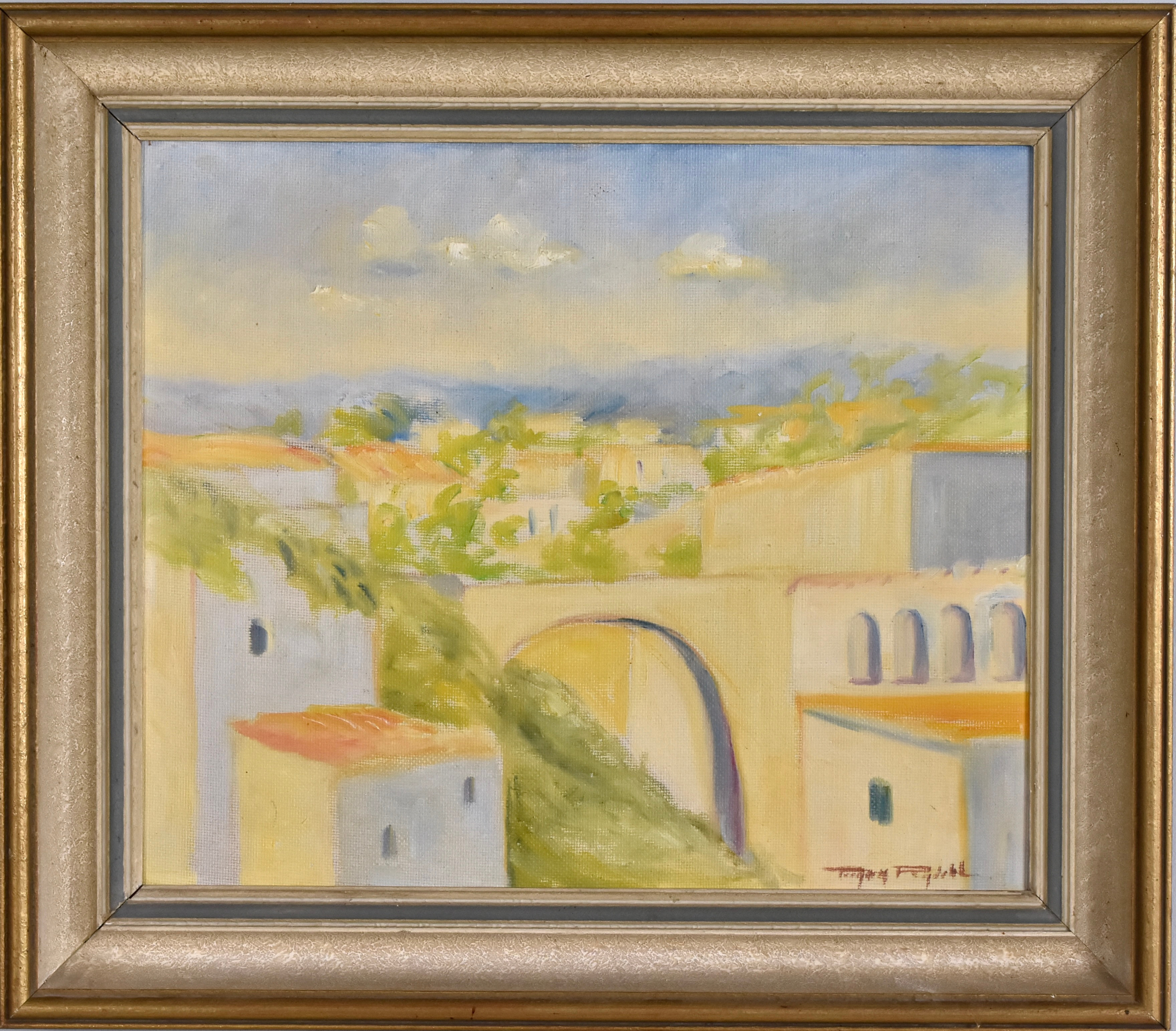 TORGNY RYDAHL. oljemålning på pannå, sydländsk stadsbild.