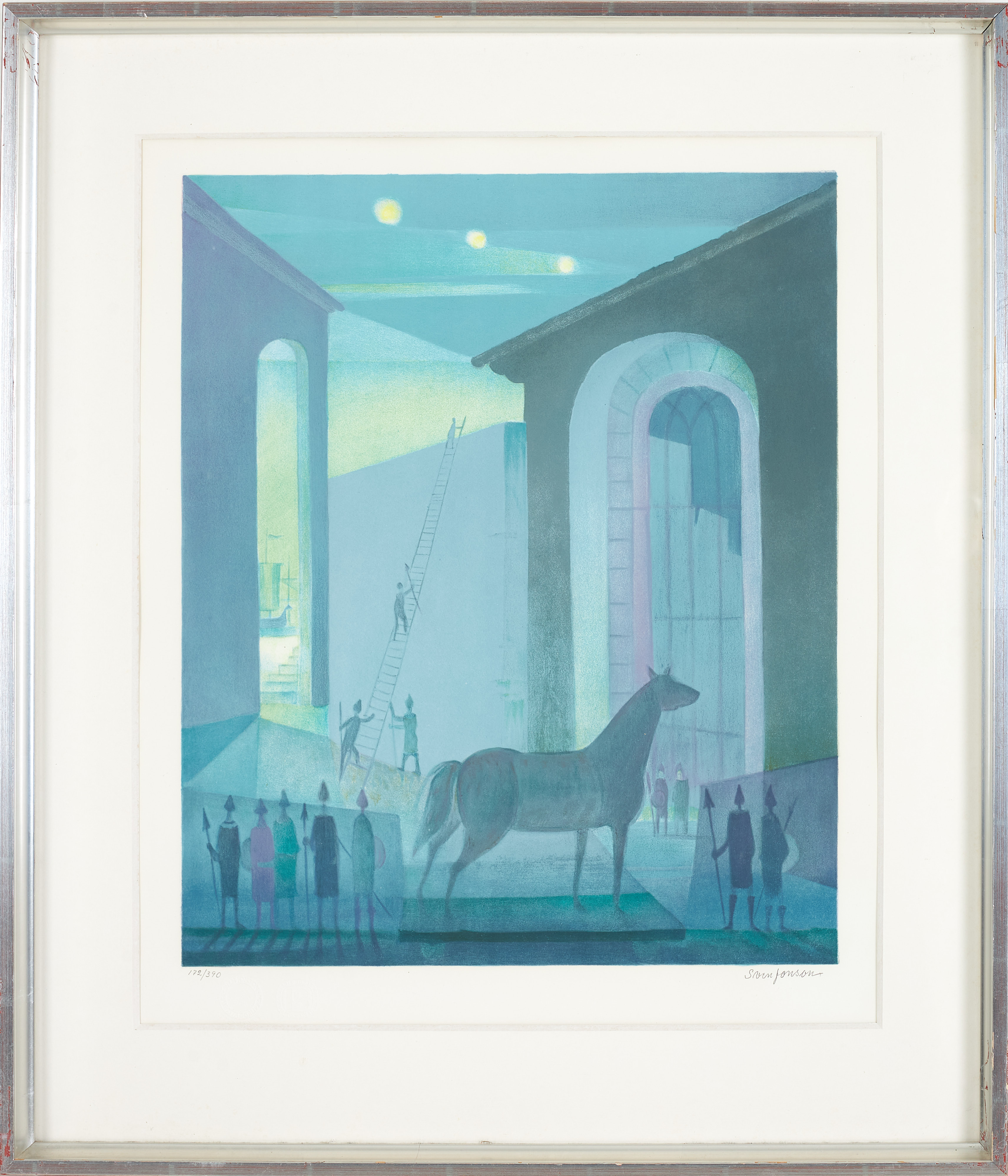 SVEN JONSON. "Den trojanska hästen", färglitografi, numrerad 172/390, signerad.
