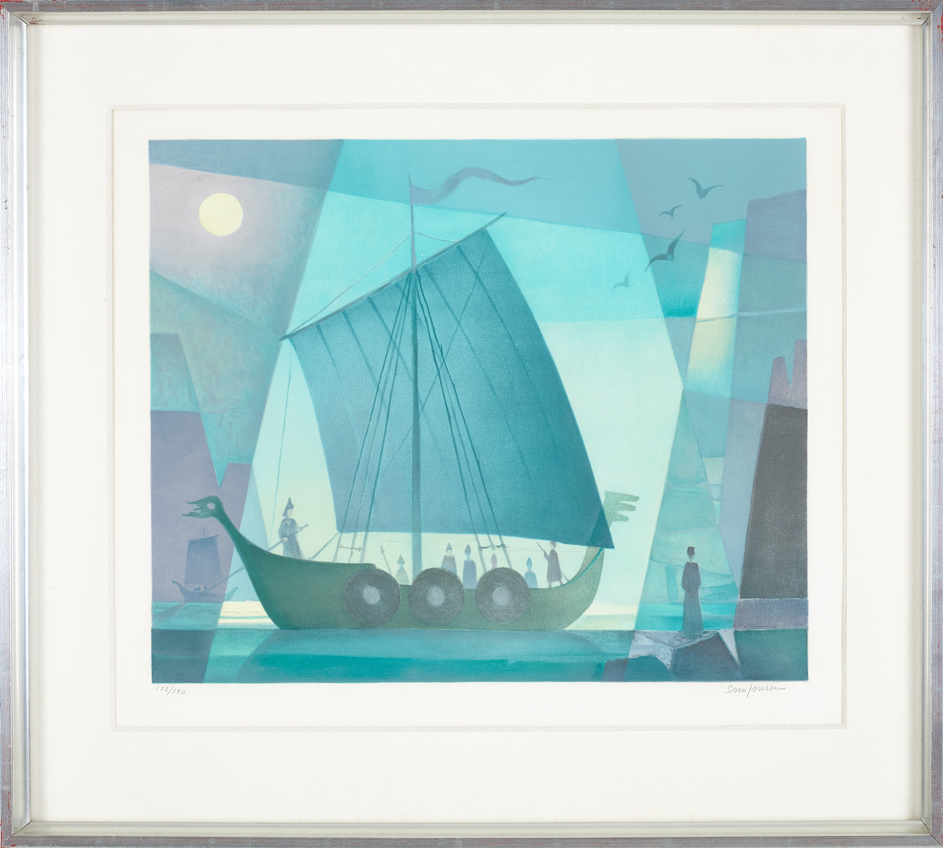 SVEN JONSON. "Avfärden från Kalypso", färglitografi, numrerad 172/390, signerad.