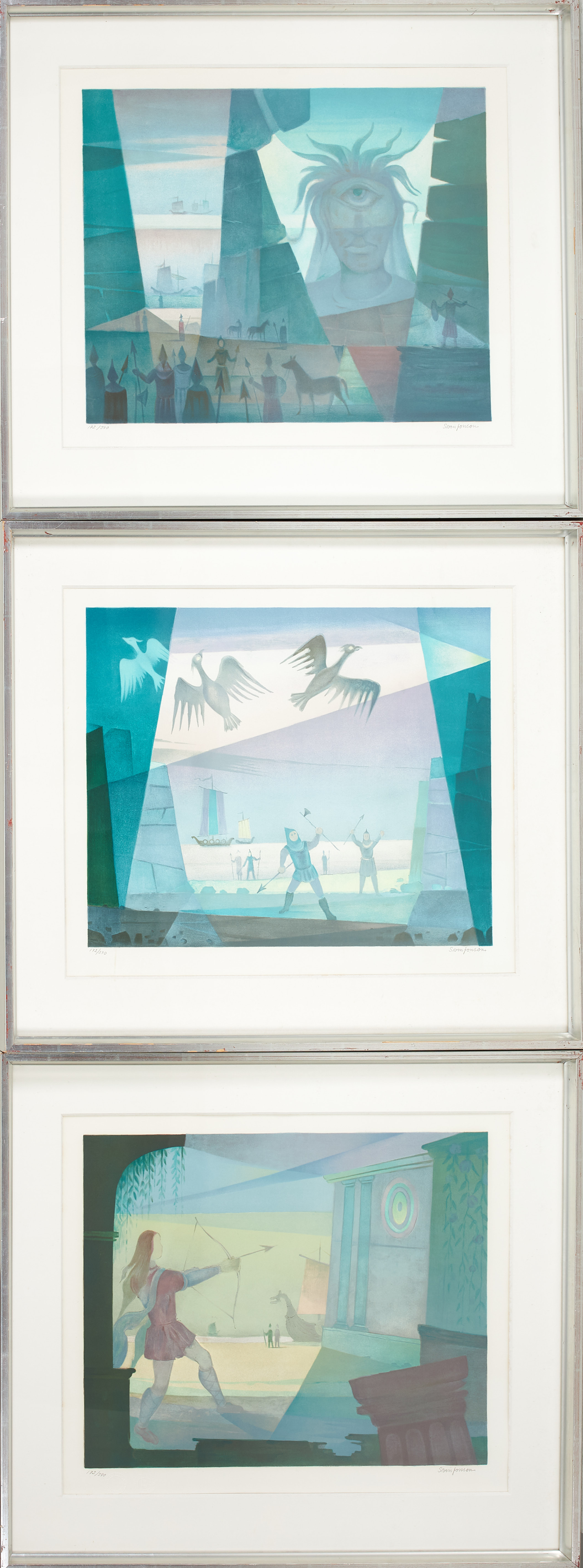 SVEN JONSON. GRAFIK, 3 st, ur mappen Strändernas Svall, "Bågskytten från Ithaka", "Örnar över staden" samt "Kyklopens grotta" numrerade 172/390, signerade.