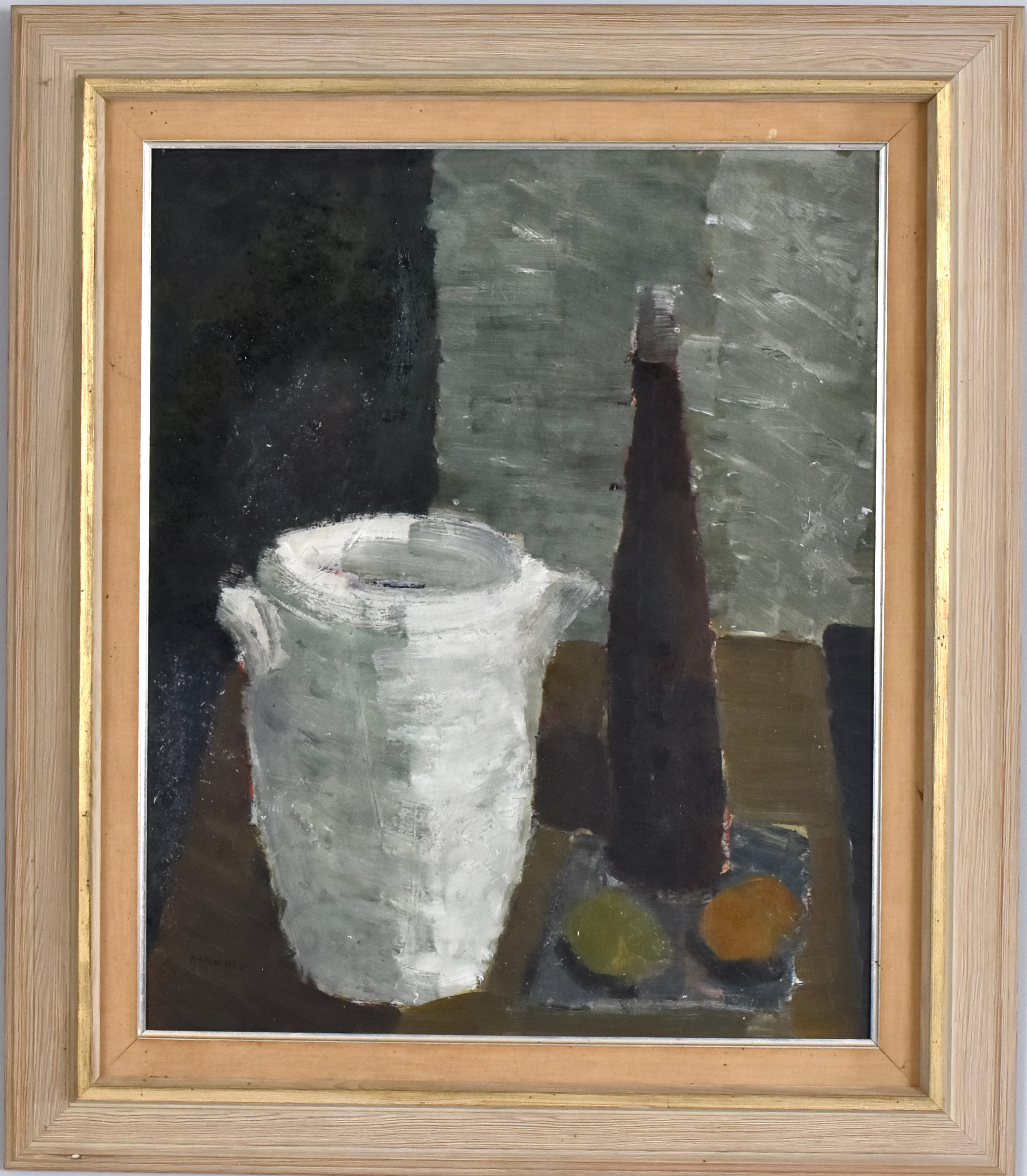 SVEN-ERIK MARKHED. oljemålning på pannå, stilleben.