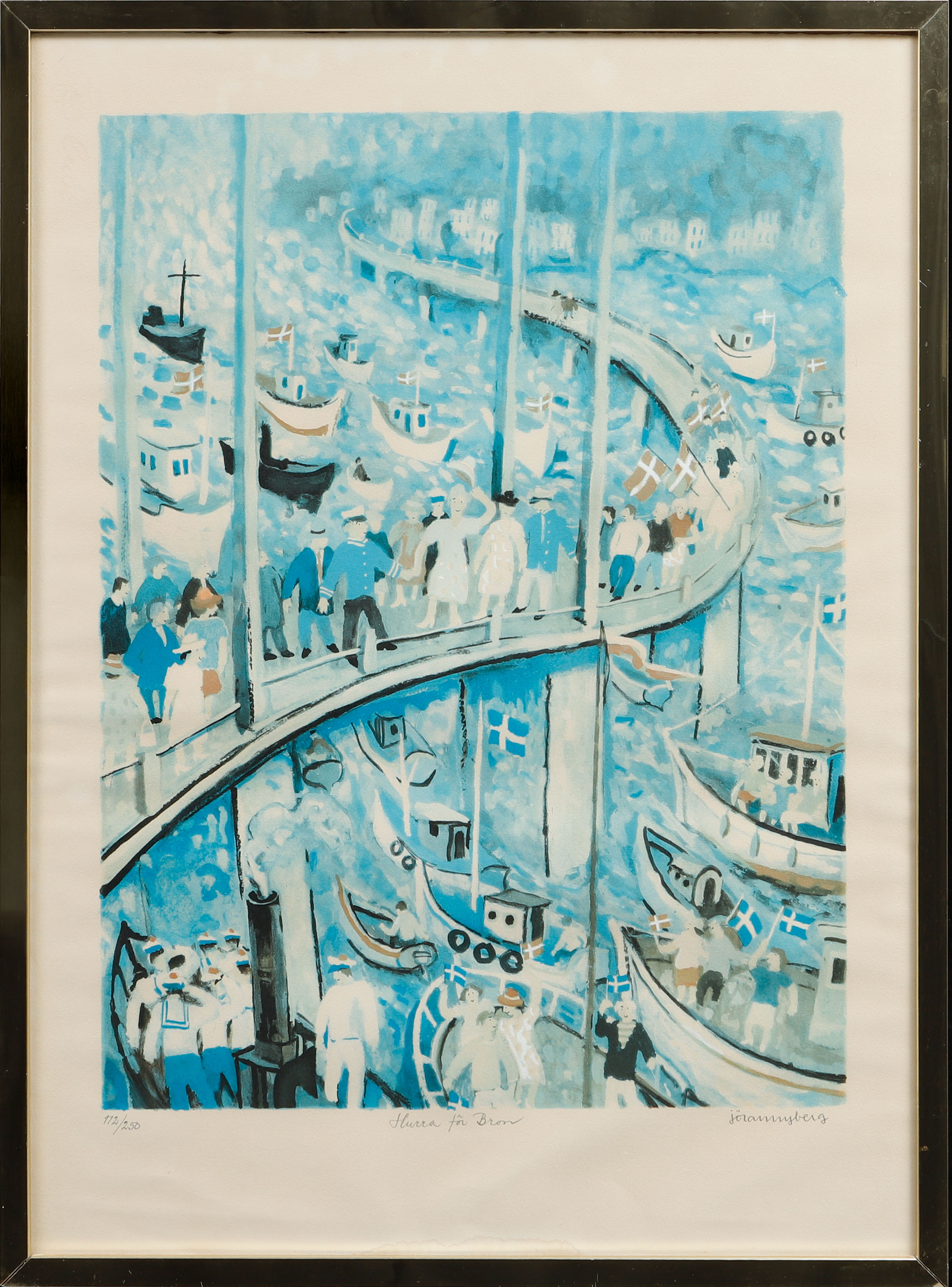 JÖRAN NYBERG. "Hurra för bron", färglitografi, signerad och numrerad 112/250.