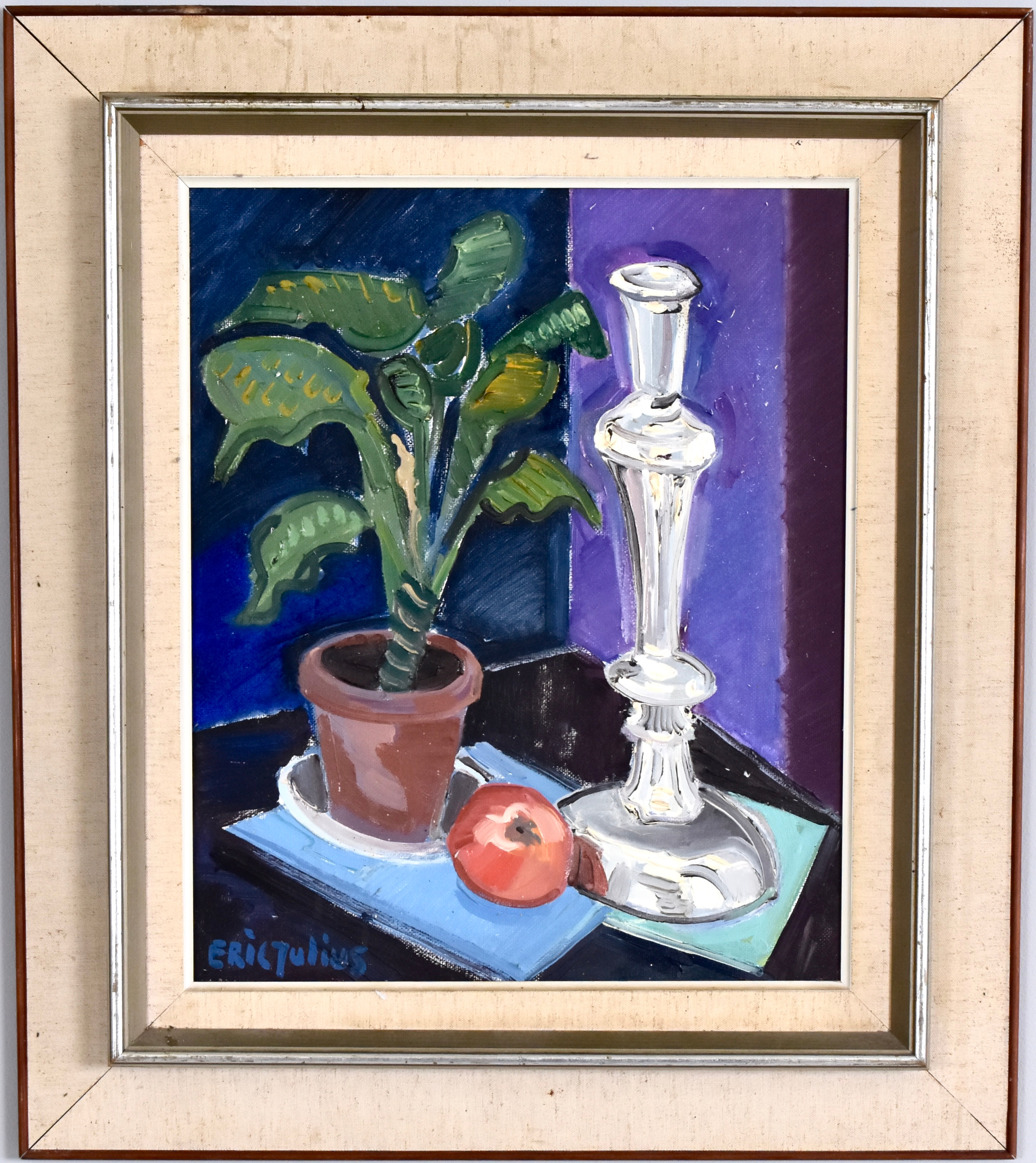ERIC JULIUS. oljemålning på duk, Stilleben med silverstake.