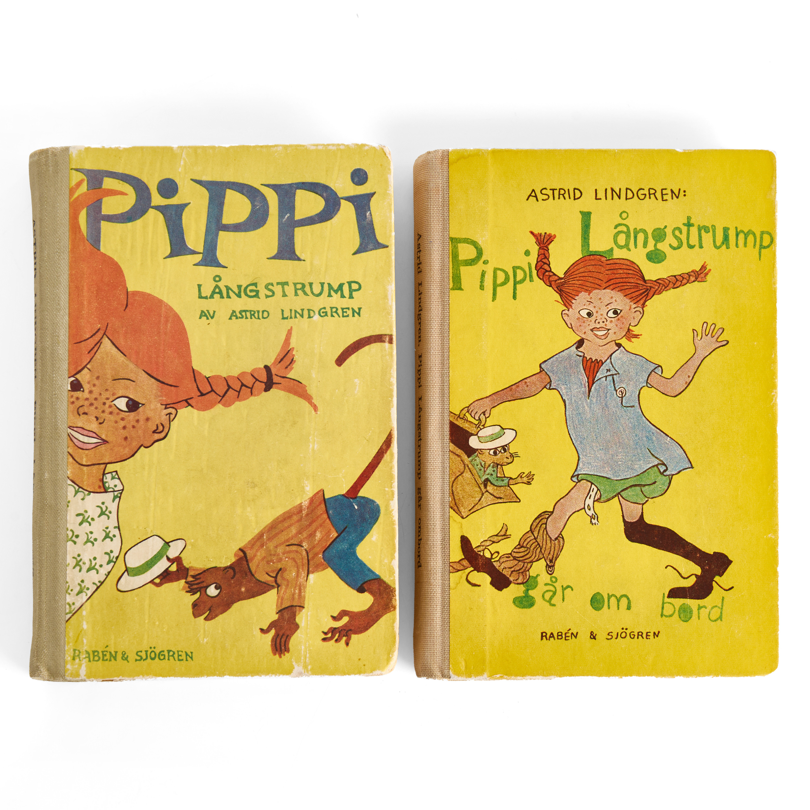 ASTRID LINDGREN (1907-2002). 2 vol., Pippi Långstrump. Illustrerad av Ingrid Nyman. Rabén & Sjögren, Stockholm, 1945. Första upplagan. + ASTRID LINDGREN, Pippi långstrump går om bord . 1946.