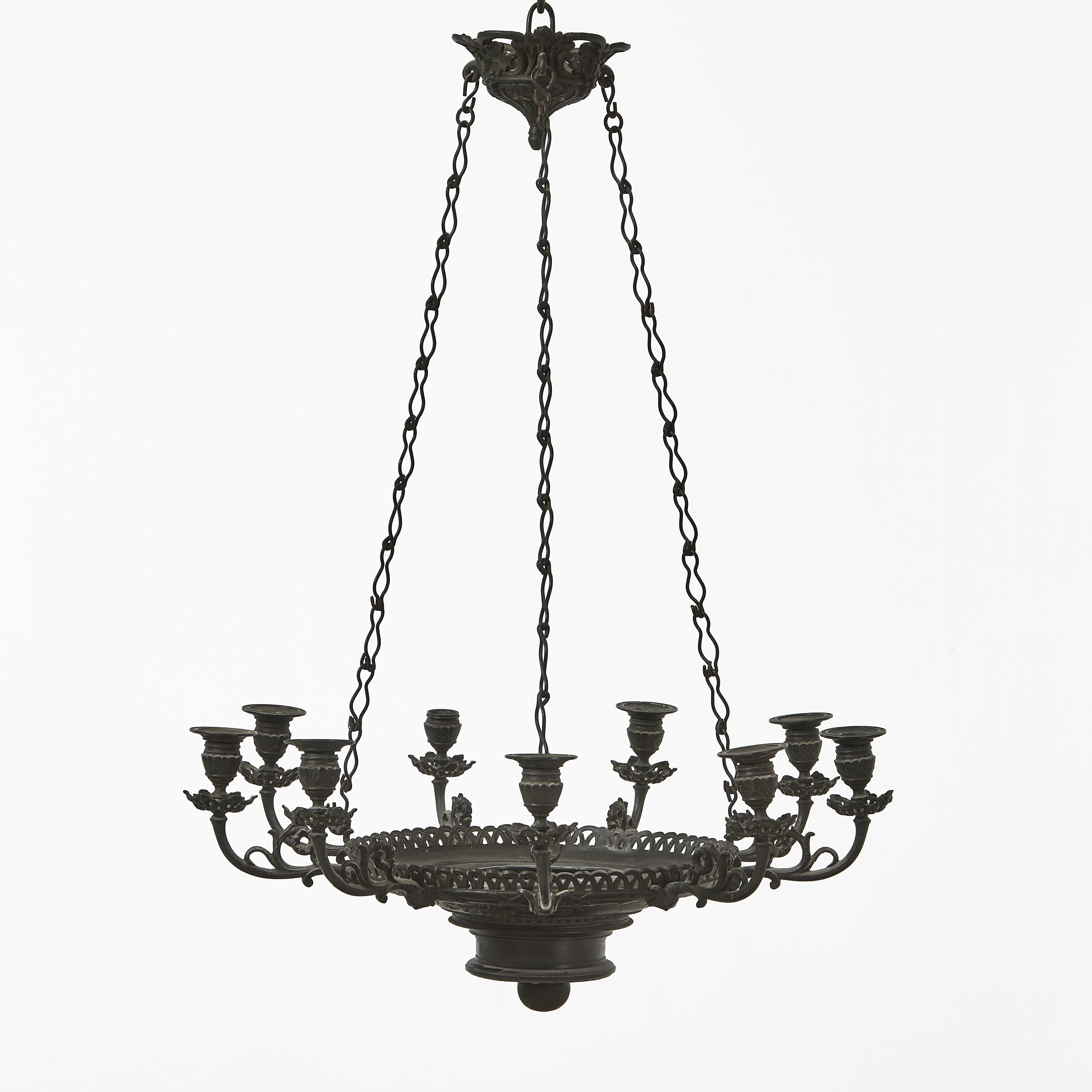 AMPEL, svärtad metall, omkring 1900, 9 st ljusarmar.