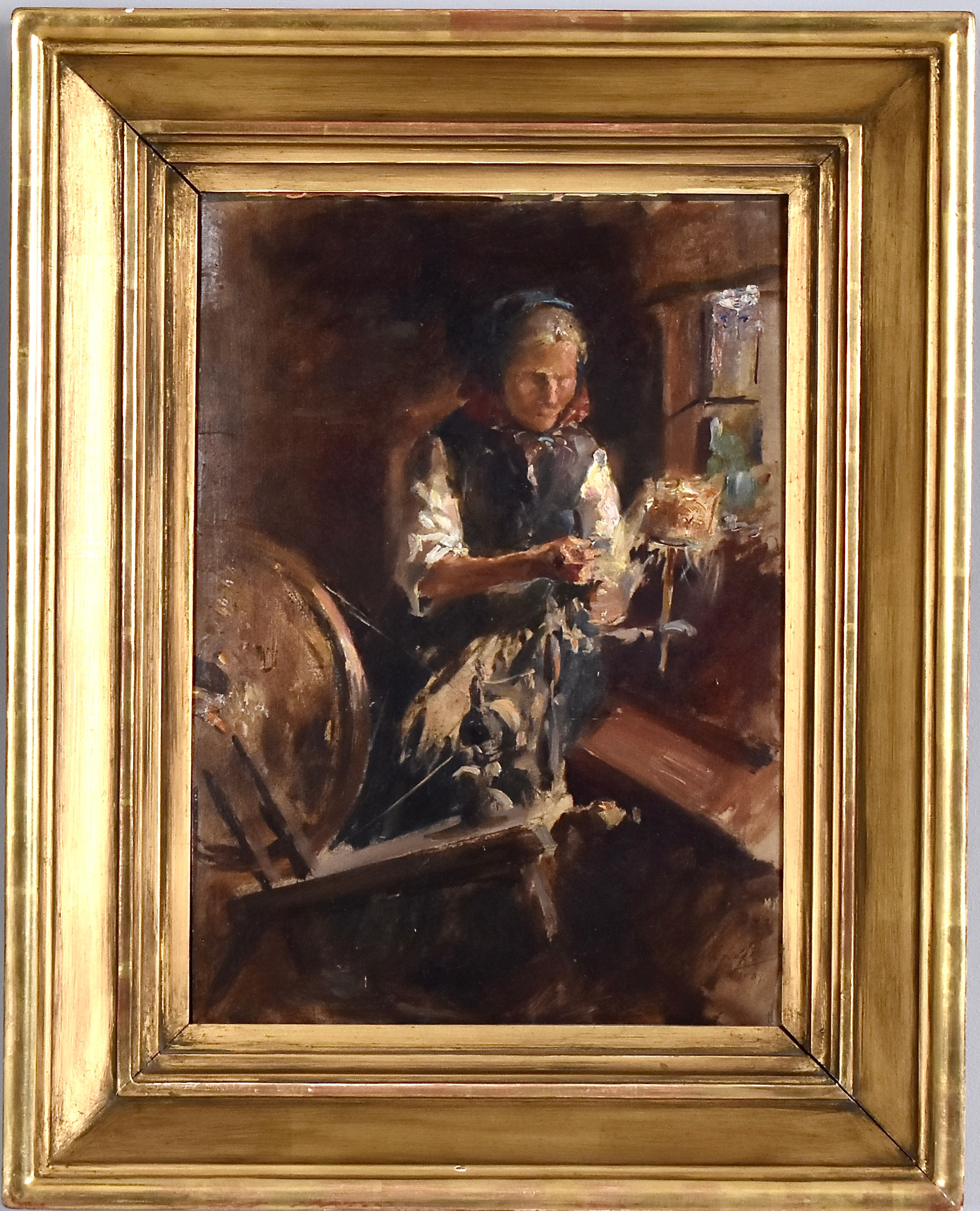 HANNA HIRSCH PAULI. oljemålning på pannå, Spinnerska.