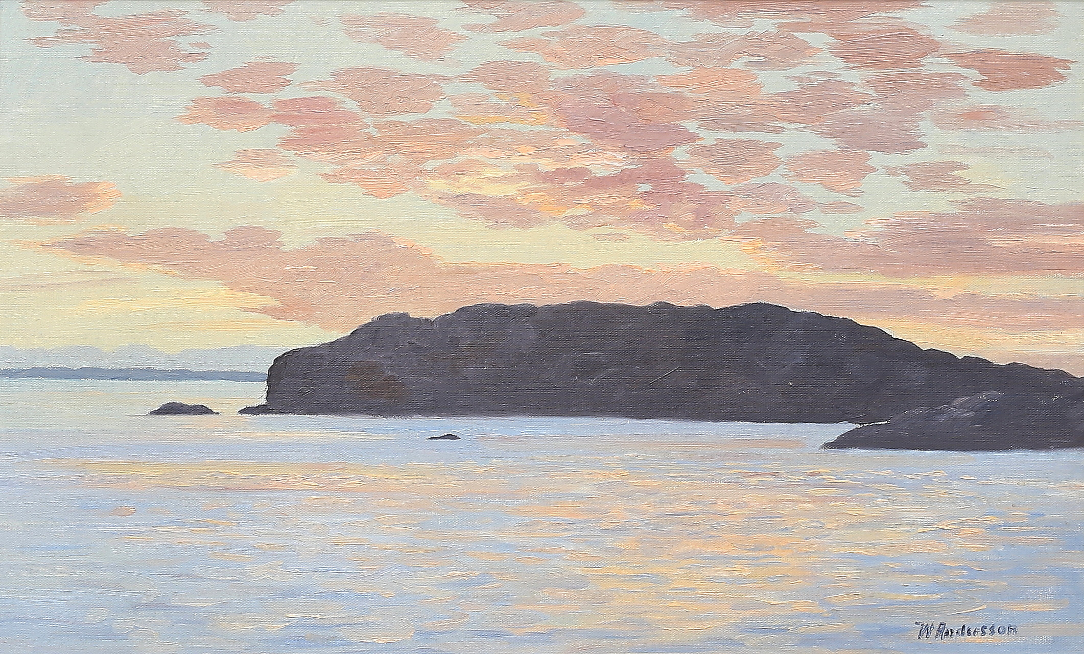 OIDENTIFIERAD KONSTNÄR. Sjölandskap med klippor. Olja på duk, signerad W Andersson.