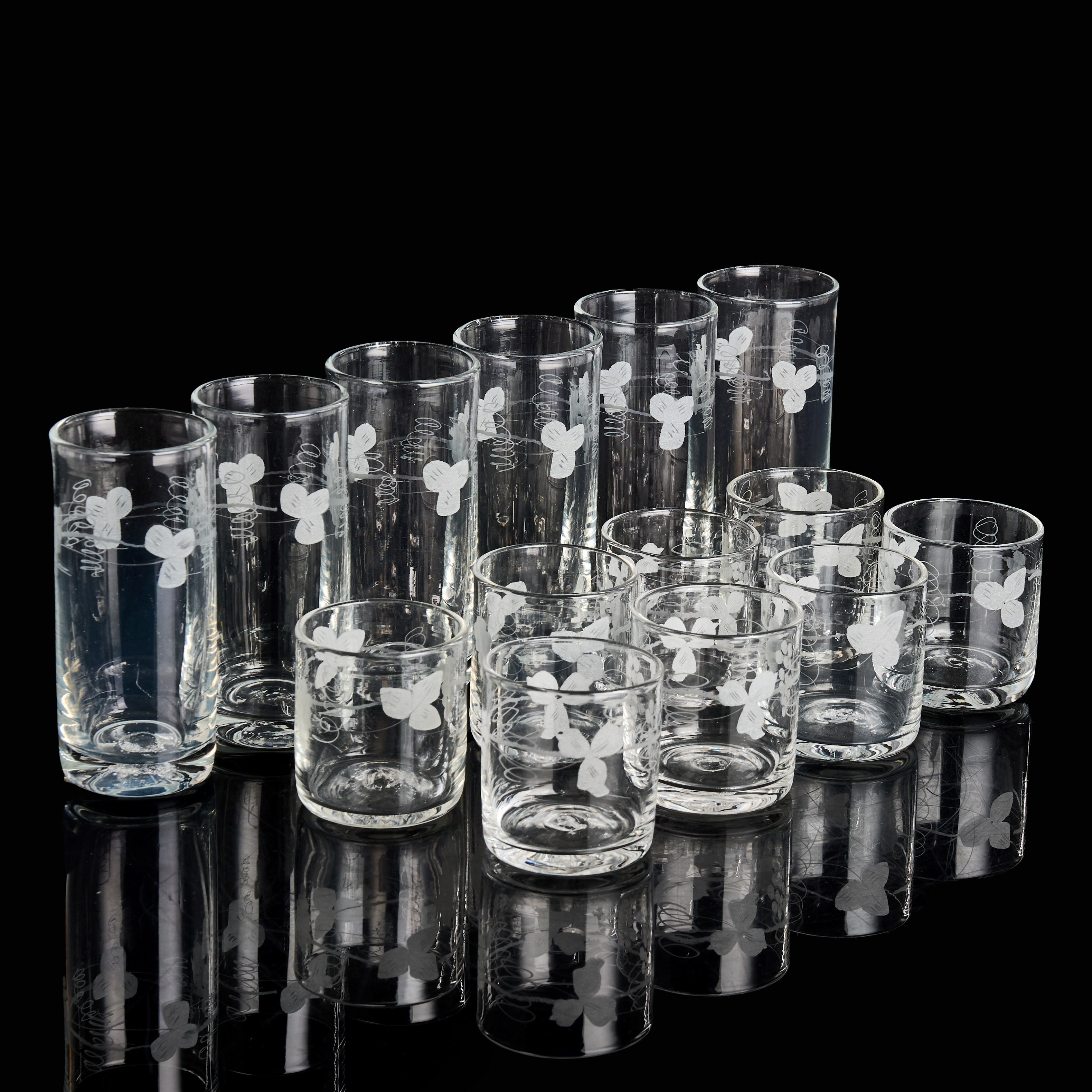 GLASSERVIS, 6 + 8 delar, etsad dekor, Reijmyre.