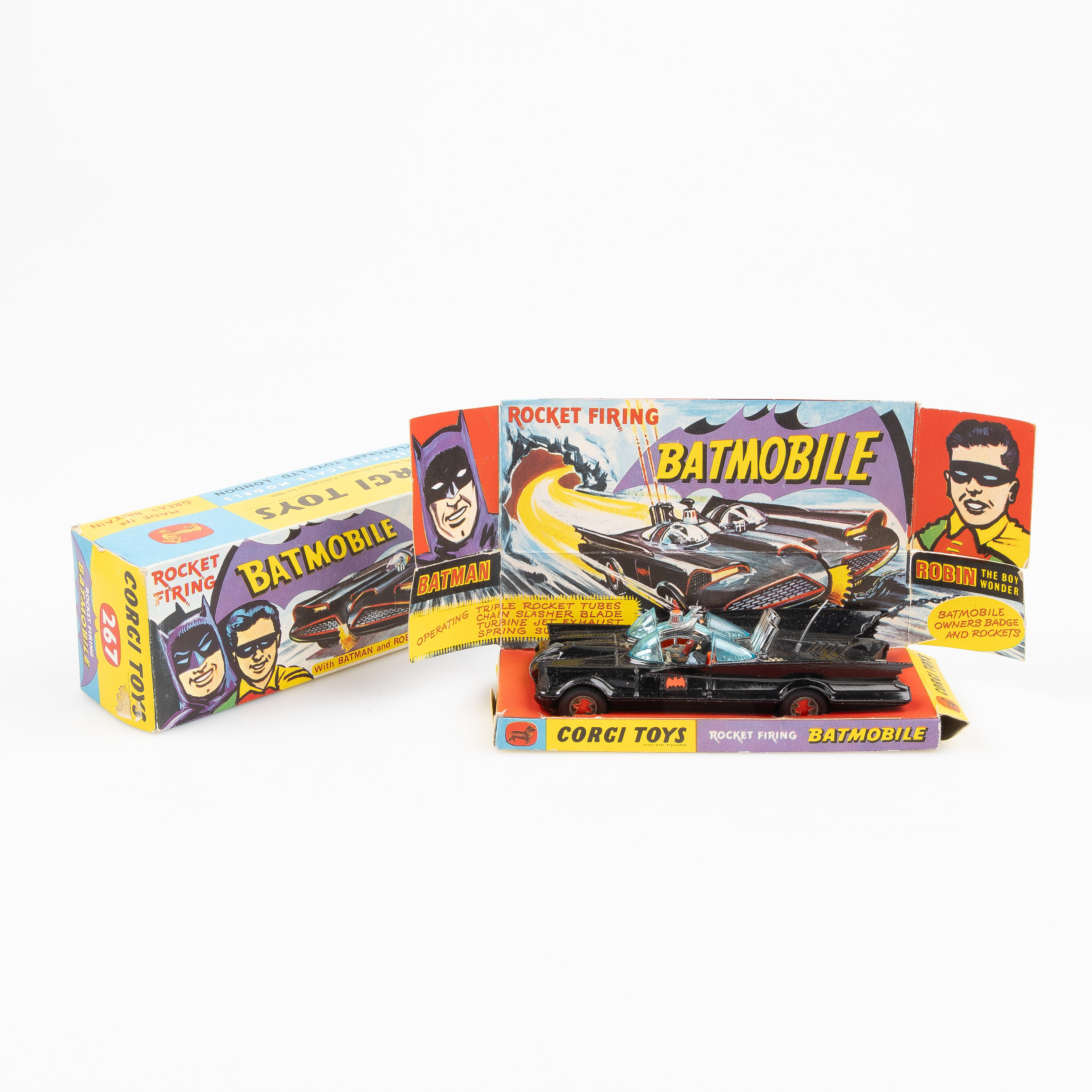 LEKSAKSBIL, "Batmobile 267 with Batman and Robin", Corgi Toys, 1960-tal.