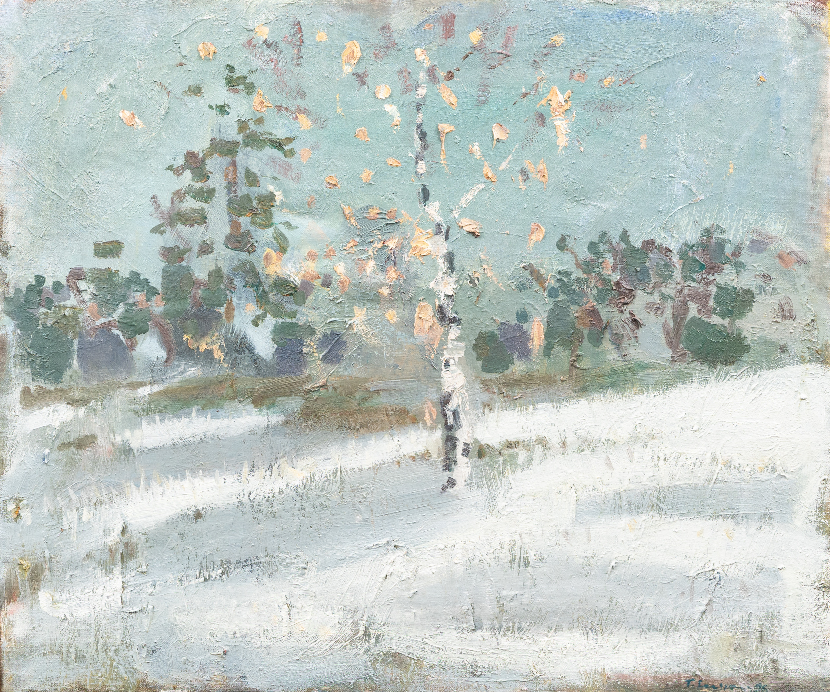 THOMAS LARSSON (FÖDD 1957). Björk i vinterlandskap, olja på duk, signerad.