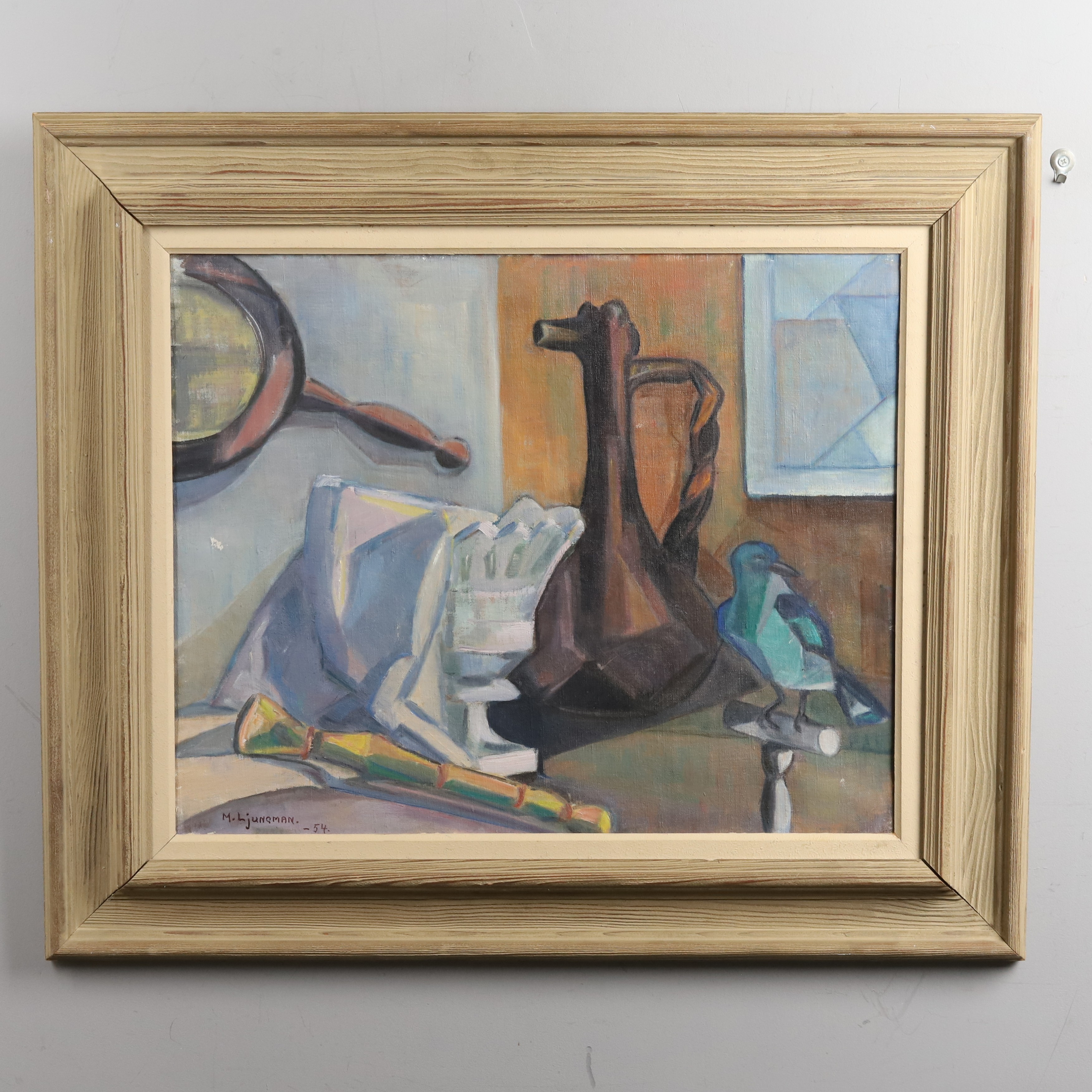 OIDENTIFIERAD KONSTNÄR. Olja på duk. Stilleben i kubistisk stil, signerad och daterad M. Ljungman -54.