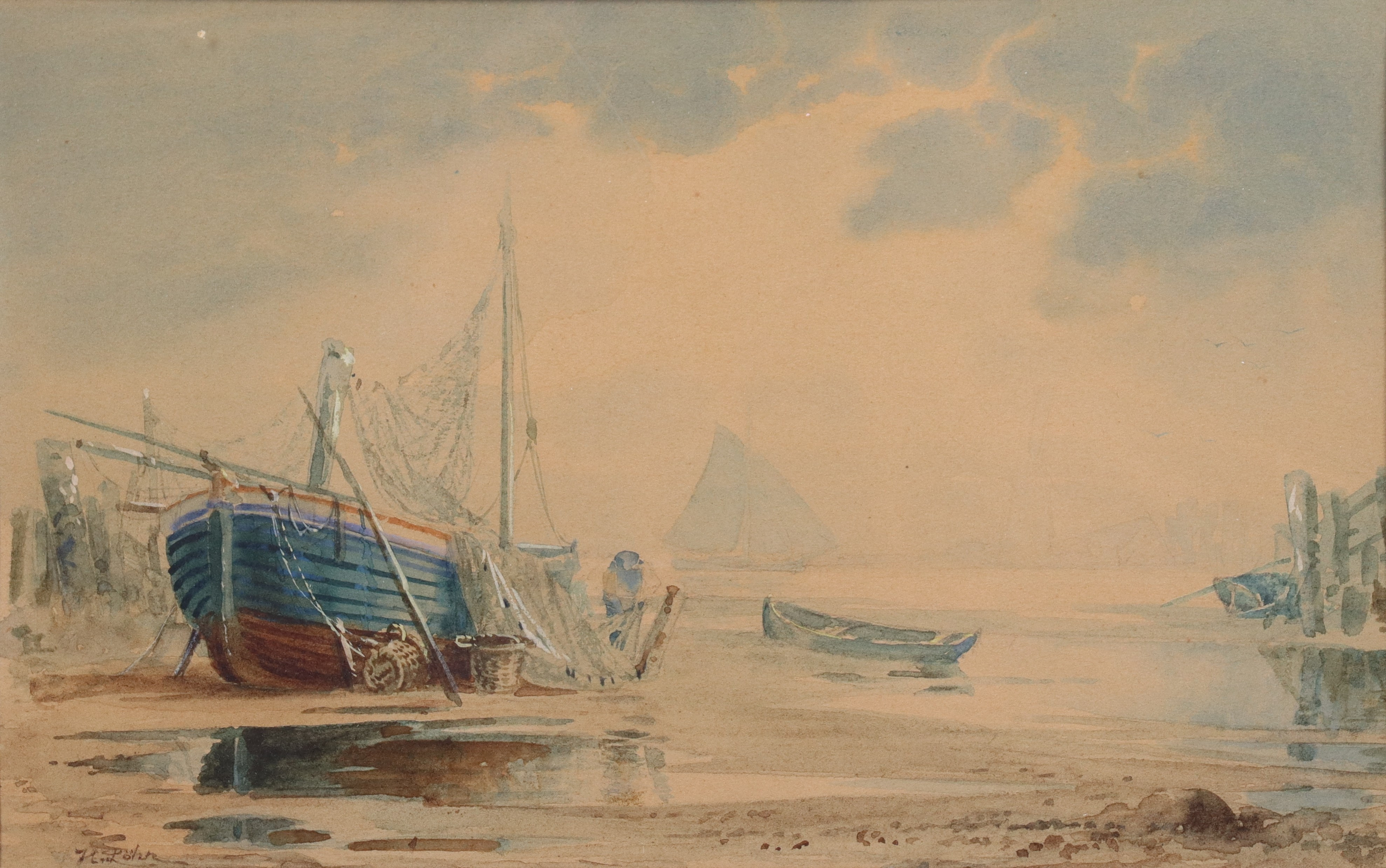 HUGO LÖHR (1858-1941). Hugo löhrakvarell, uppdragen fiskebåt.