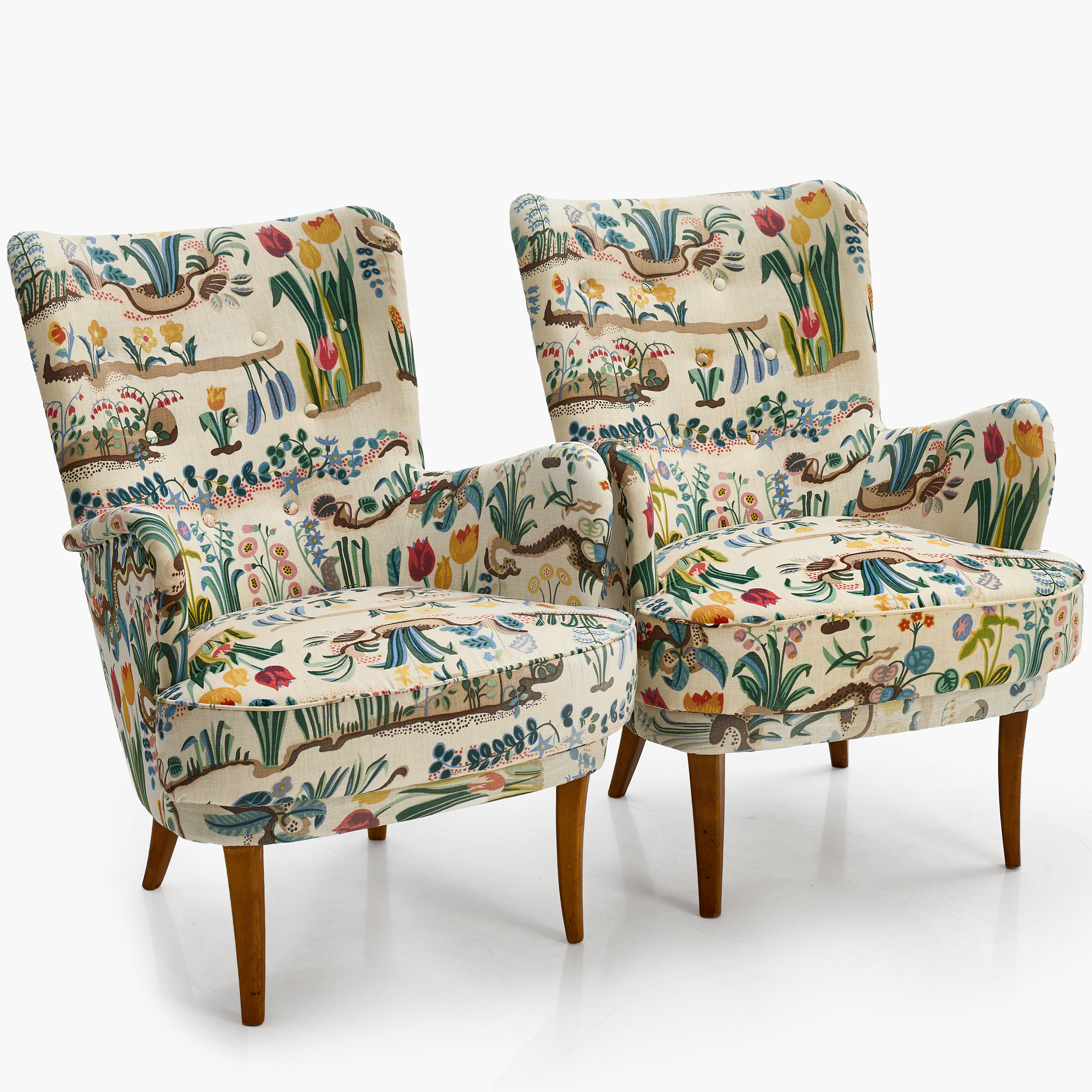 CARL MALMSTEN, fåtöljer, 1 par "Furulid", klädda i "Primavera", design Josef Frank.