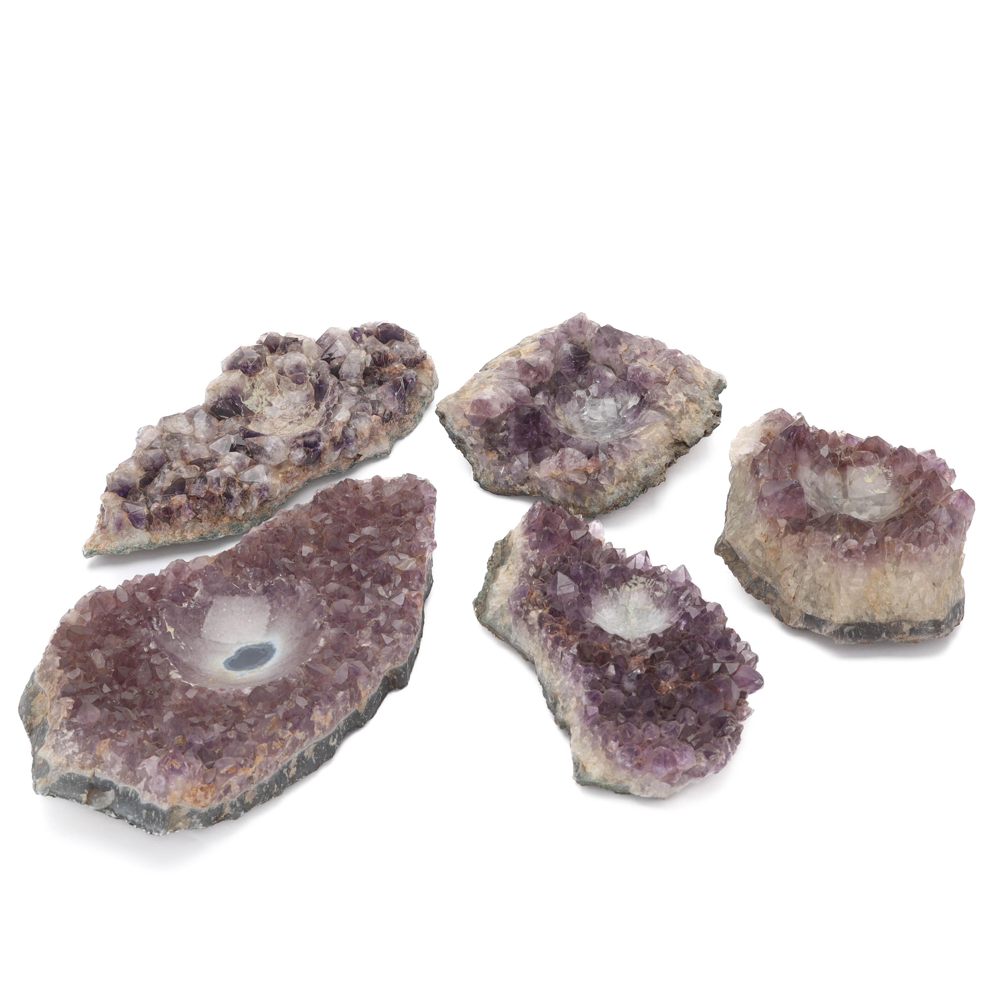 AMETISTKLUSTER, 5 st, med skålslipning, Sydamerika.