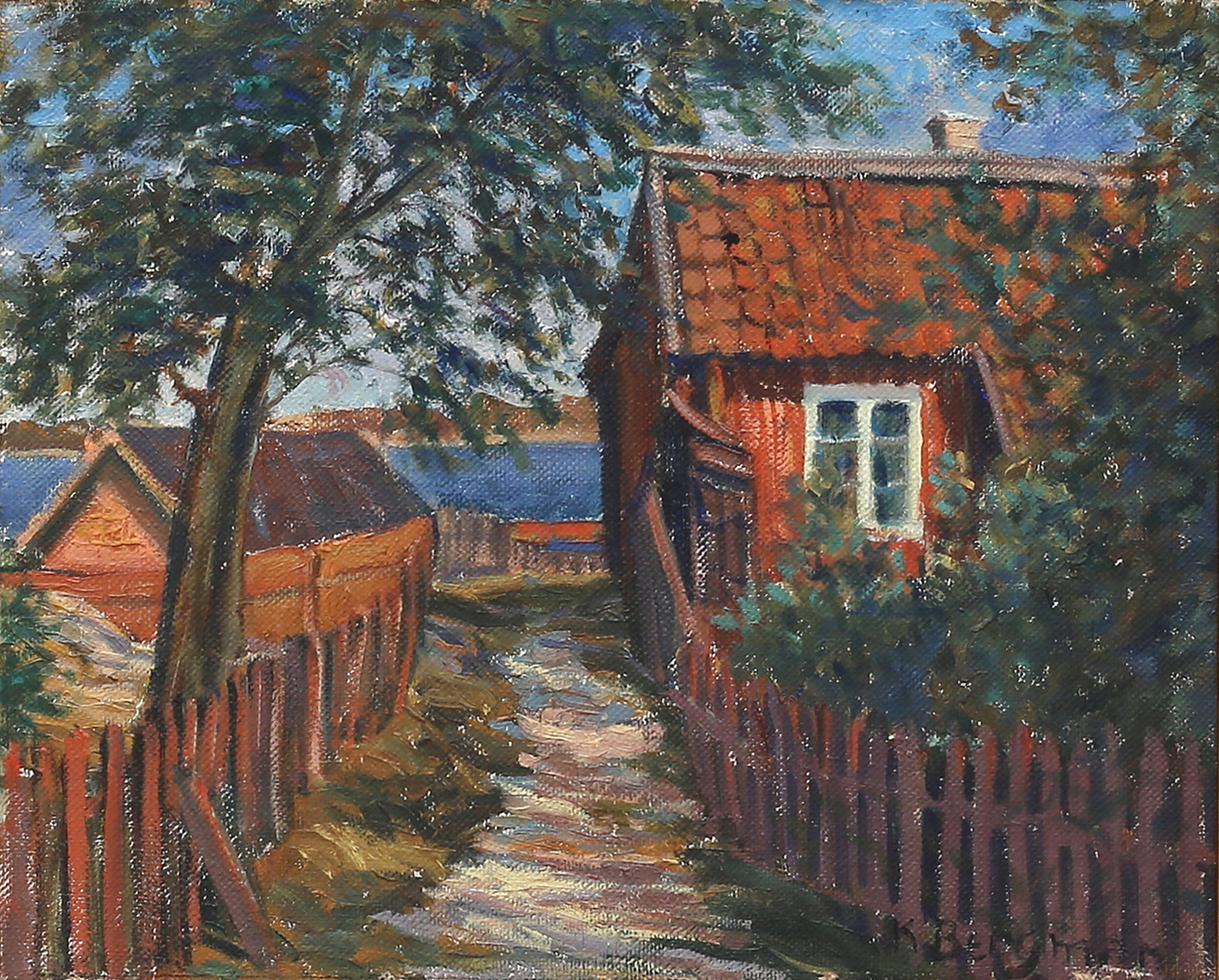 KARL BERGMAN. Hus i skärgården, olja på pannå, signerad.