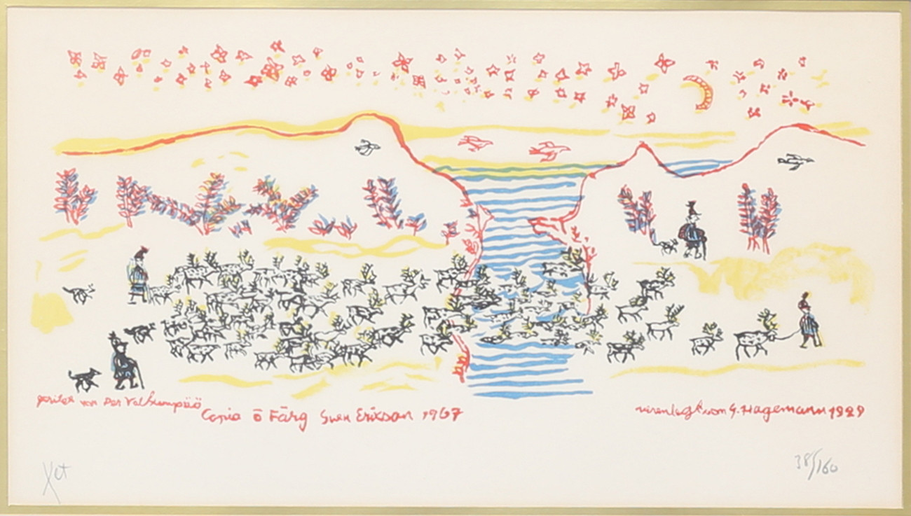 SVEN X:ET ERIXSON. Motiv med renhjord. Färglitografi, signerad och numrerad 38/160.