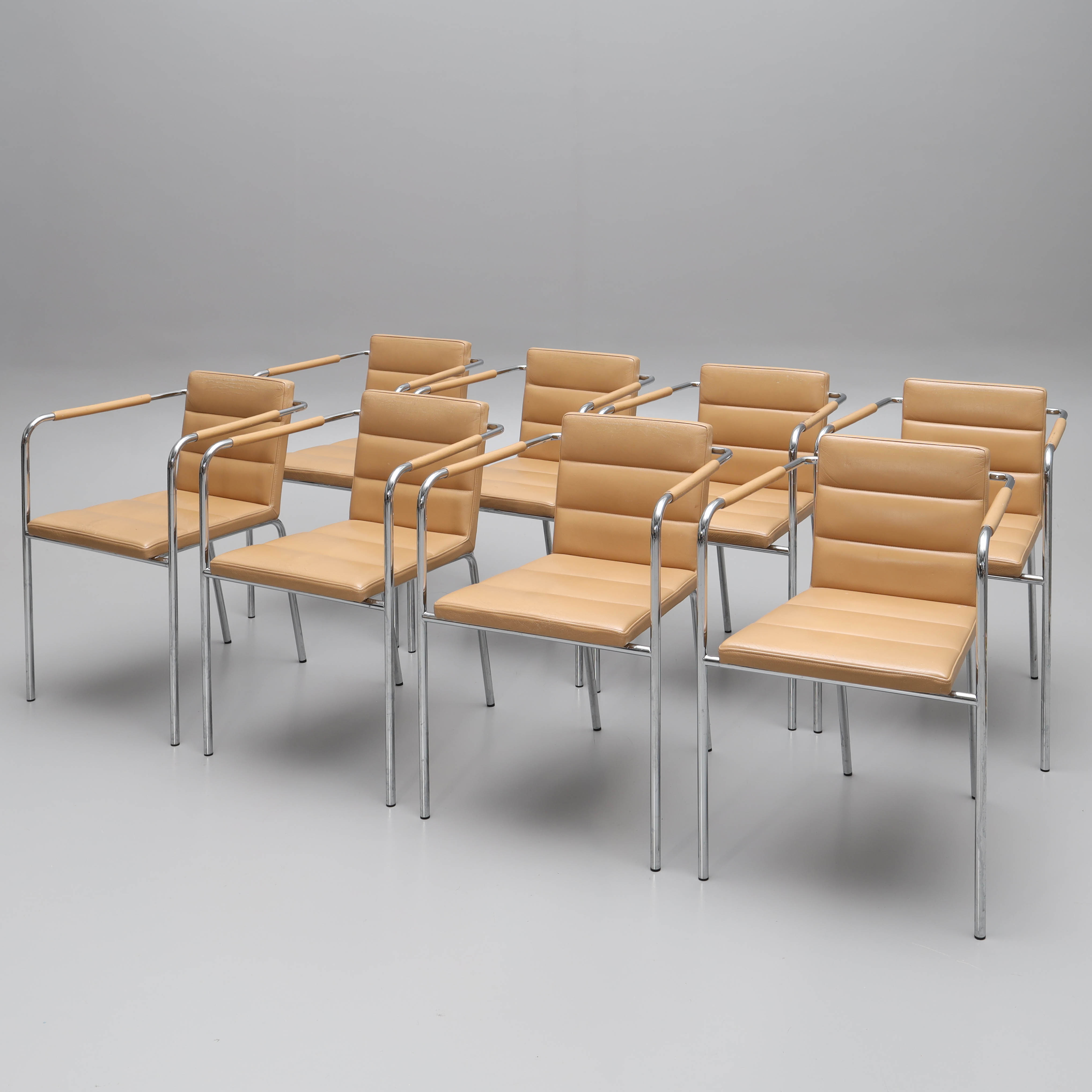 GUNILLA ALLARD. Karmstolar, 8 st, "Cinema sport", läder, stomme i förkromad metall, Lammhults, designår 1994.