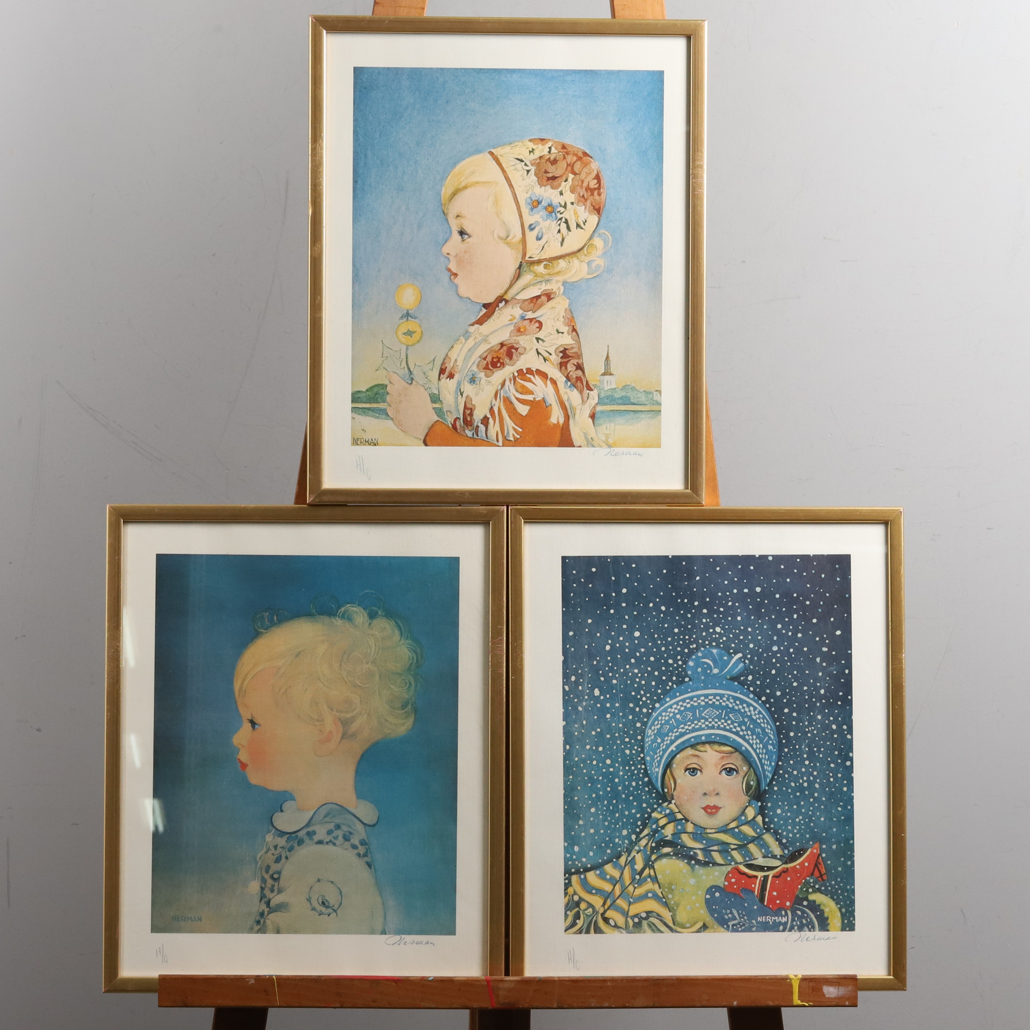 EINAR NERMAN. Rastertryck, 3 st, bläck och Blyertssignerade H.C, Nerman.