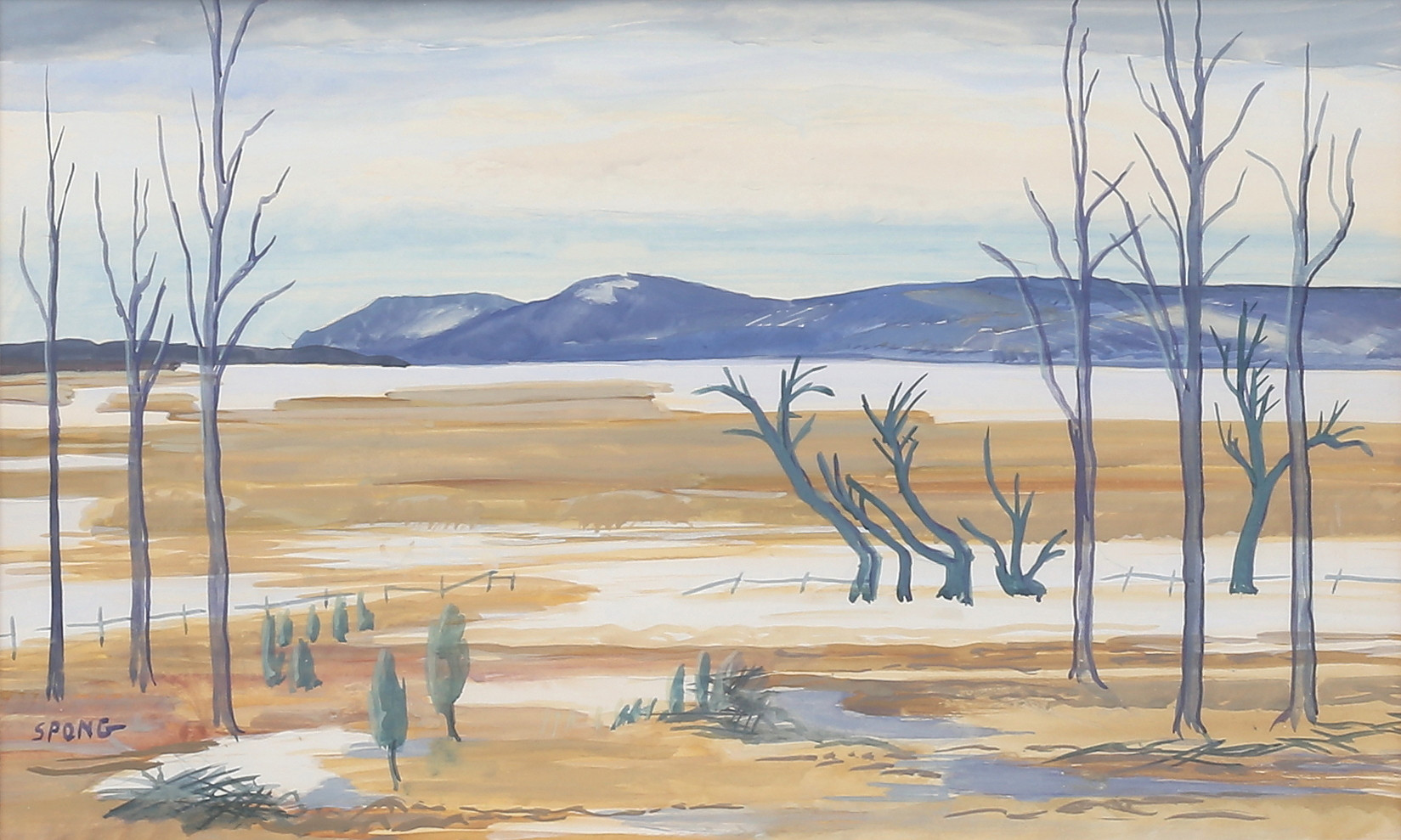 LENNART SPONG. "Tidig vår vid Tåkern". Akvarell, signerad och daterad 1979.