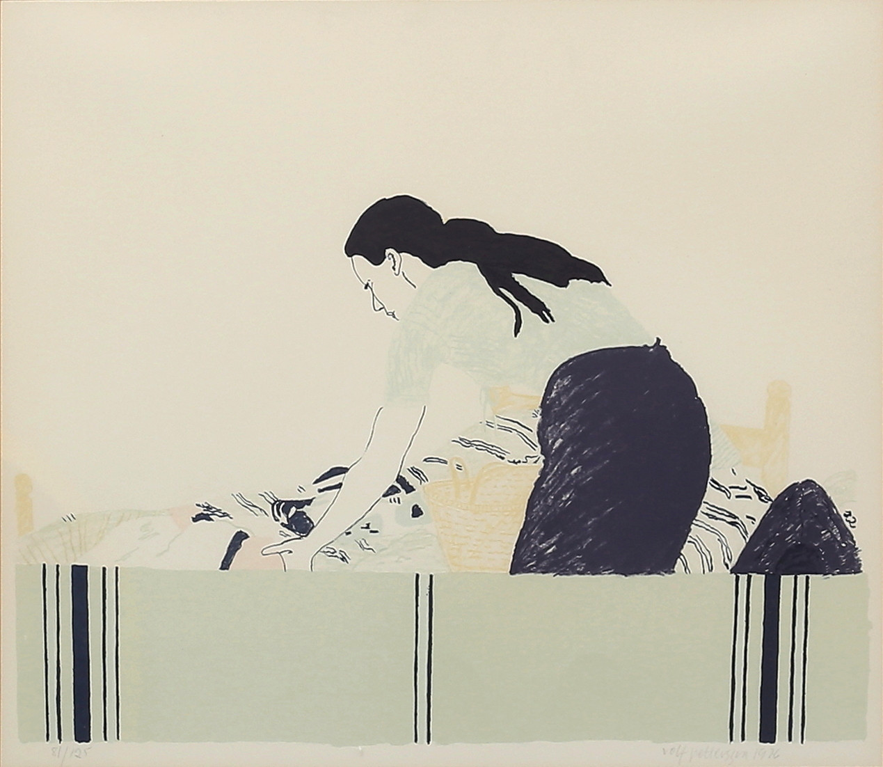 ROLF PETTERSSON. Kvinna vid säng. Färglitografi, signerad och numrerad 81/125, daterad 1976.