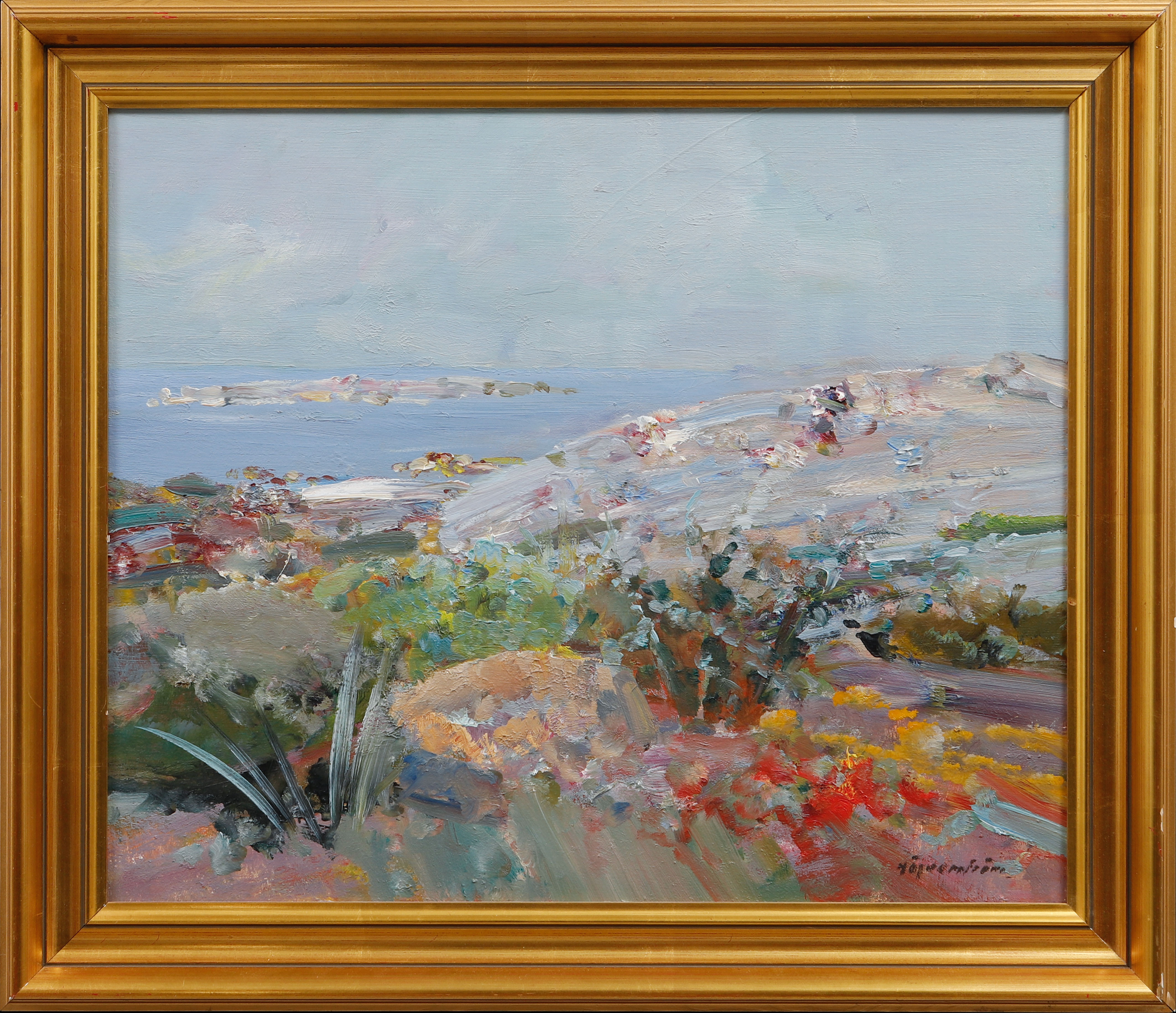 HUGO ÖFVERSTRÖM. Kustbild med klippor och hav, olja på pannå, signerad.