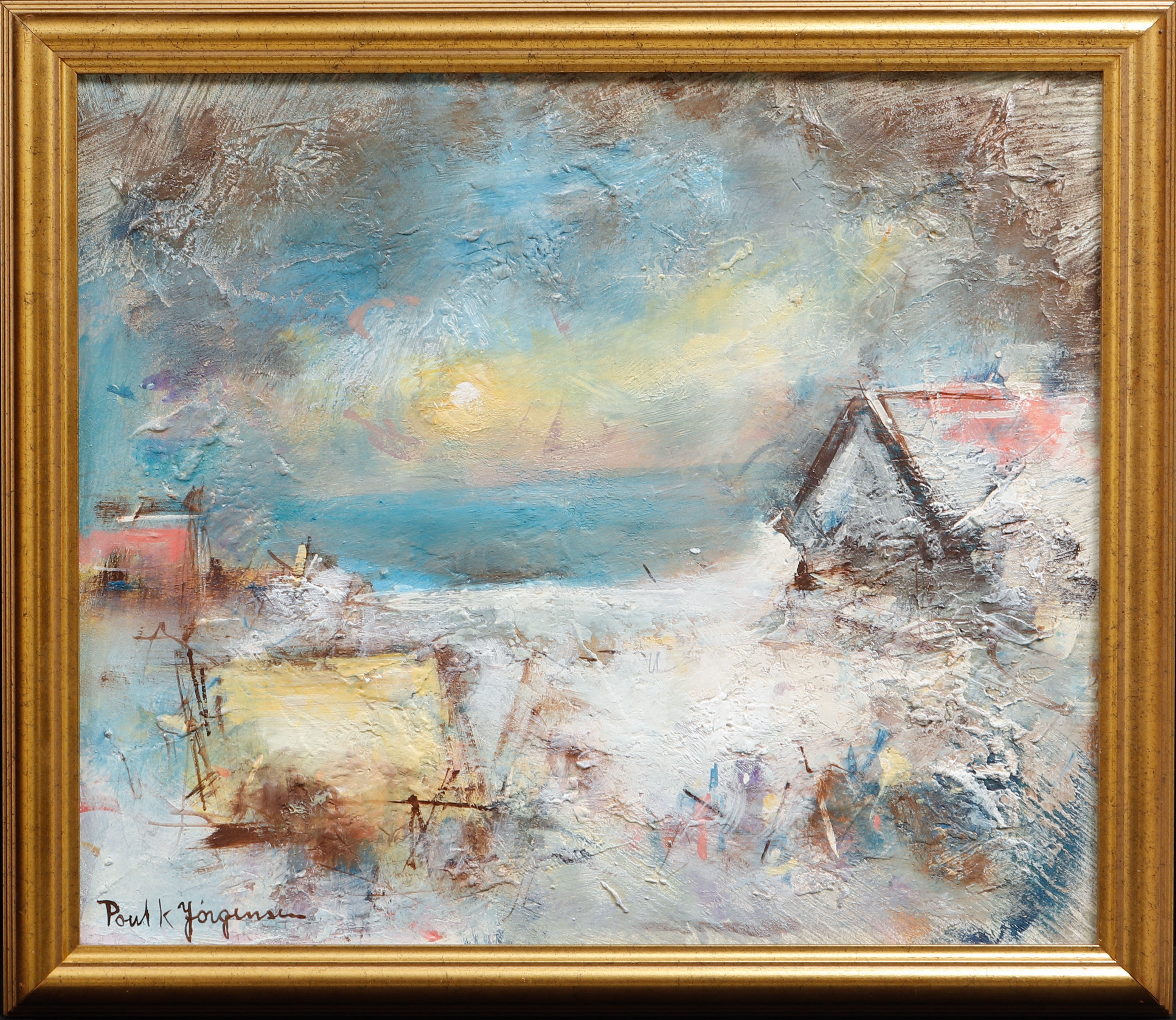 POUL K JÖRGENSEN. "Fiskarstugor Bornholm", olja på pannå, signerad och daterad a tergo 2001.