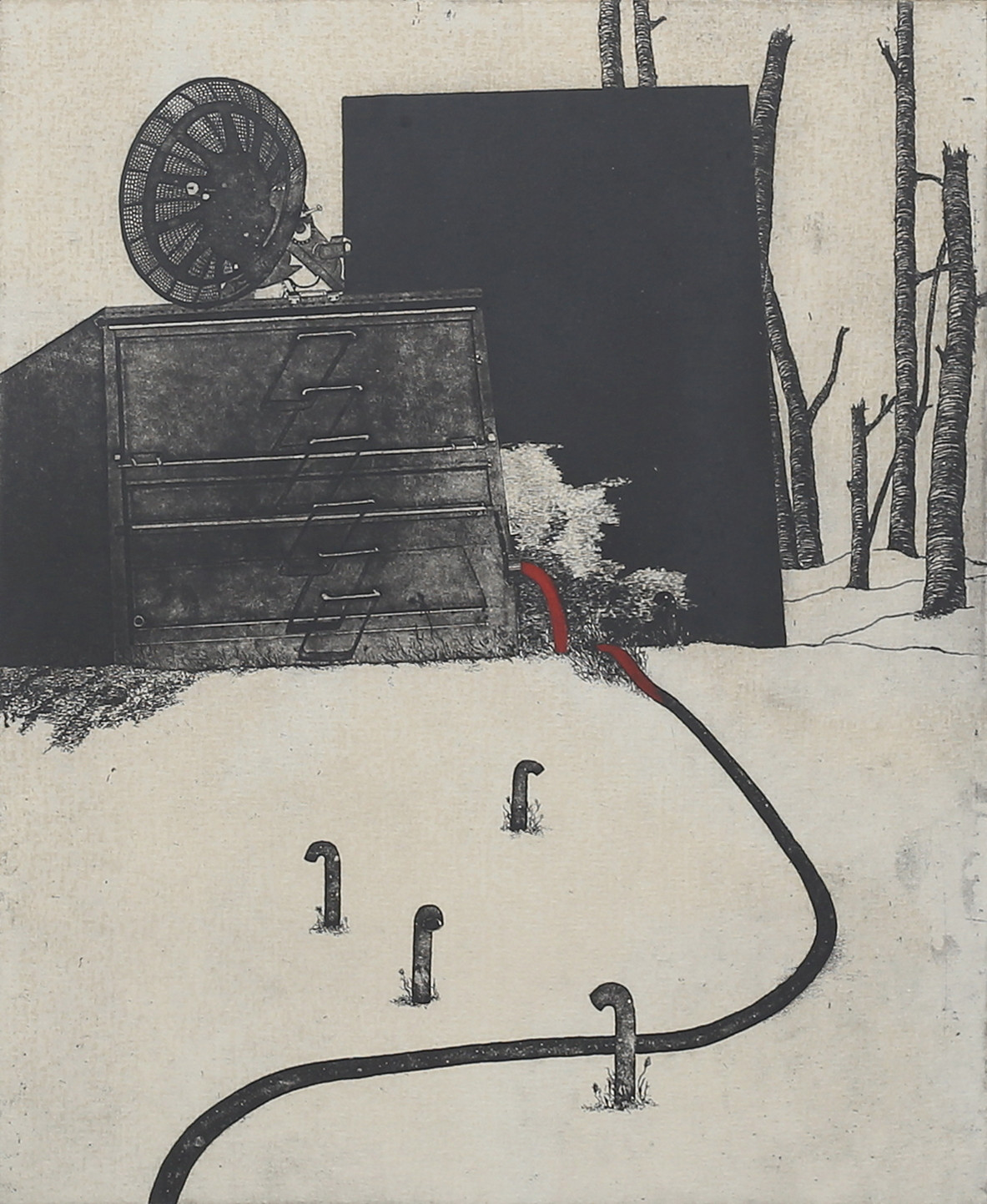 CHRISTINA CAMPBELL. Surrealistisk komposition. Etsning, signerad och numrerad 79/260, daterad -87.