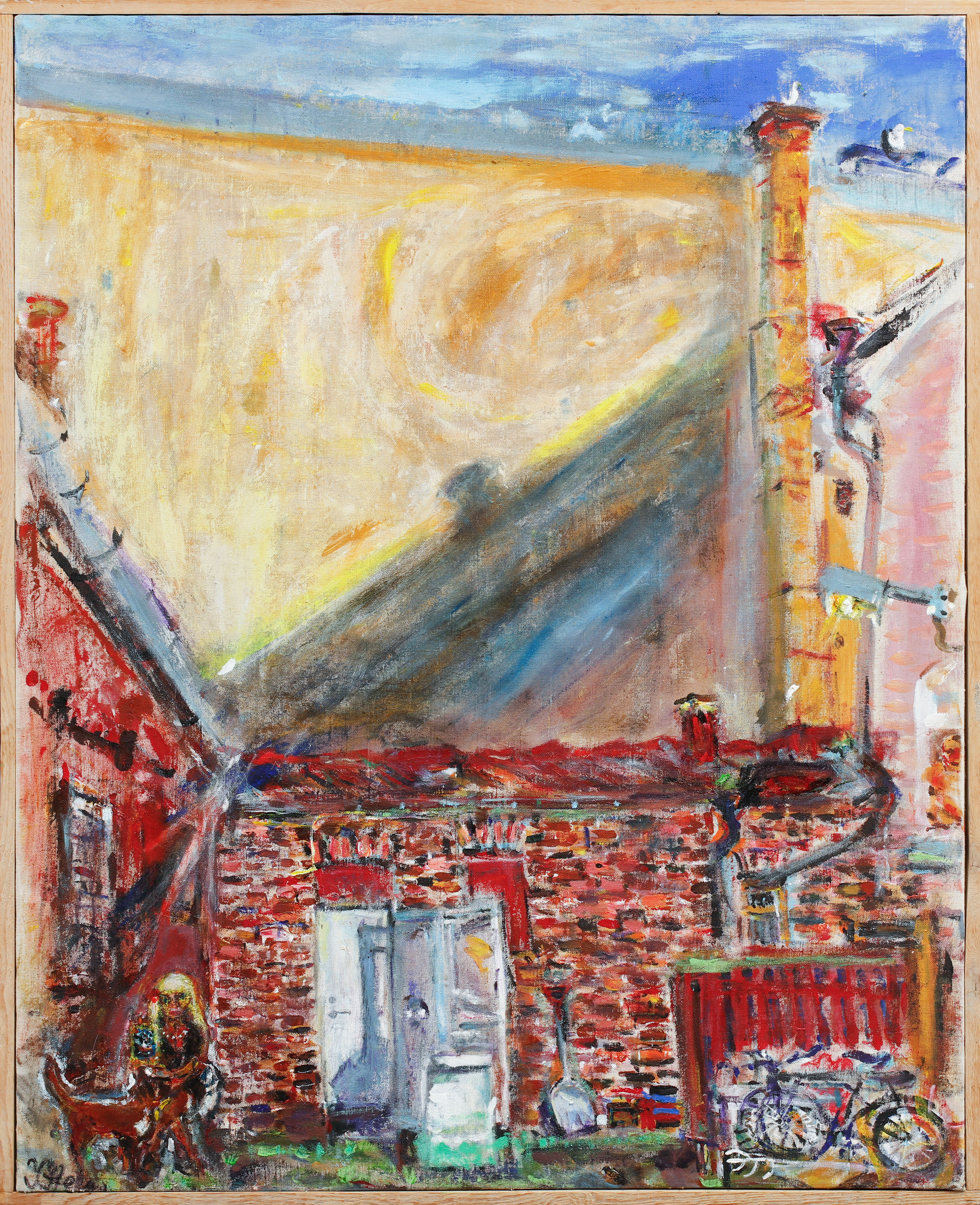 YNGVE STEEN. Innergård med figur och hund, olja på duk, signerad.