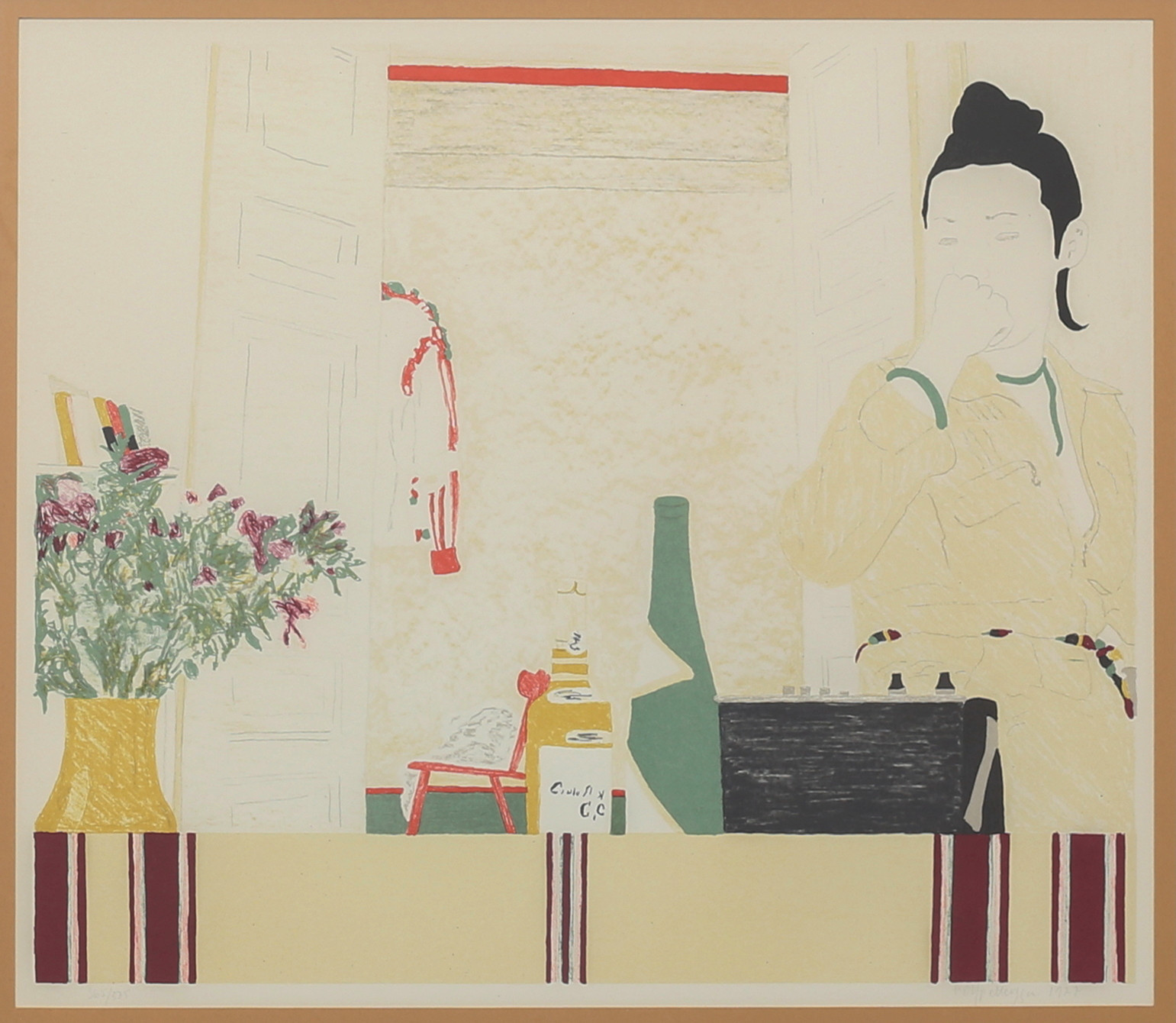 ROLF PETTERSSON. Kvinna vid radio. Färglitografi, signerad och numrerad 365/375, daterad 1977.