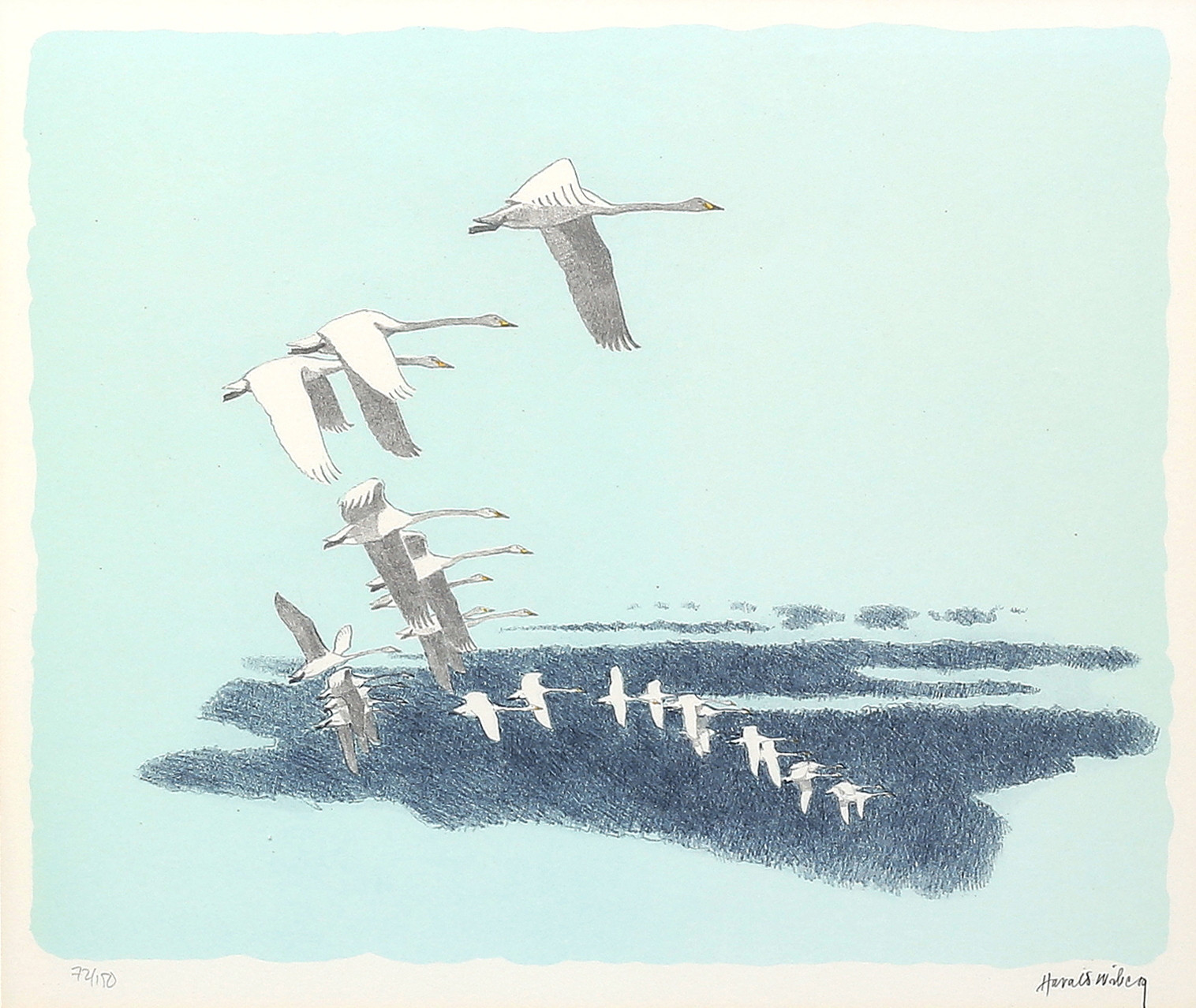 HARALD WIBERG. Sträckande svanar. Färglitografi, signerad och numrerad 72/150.