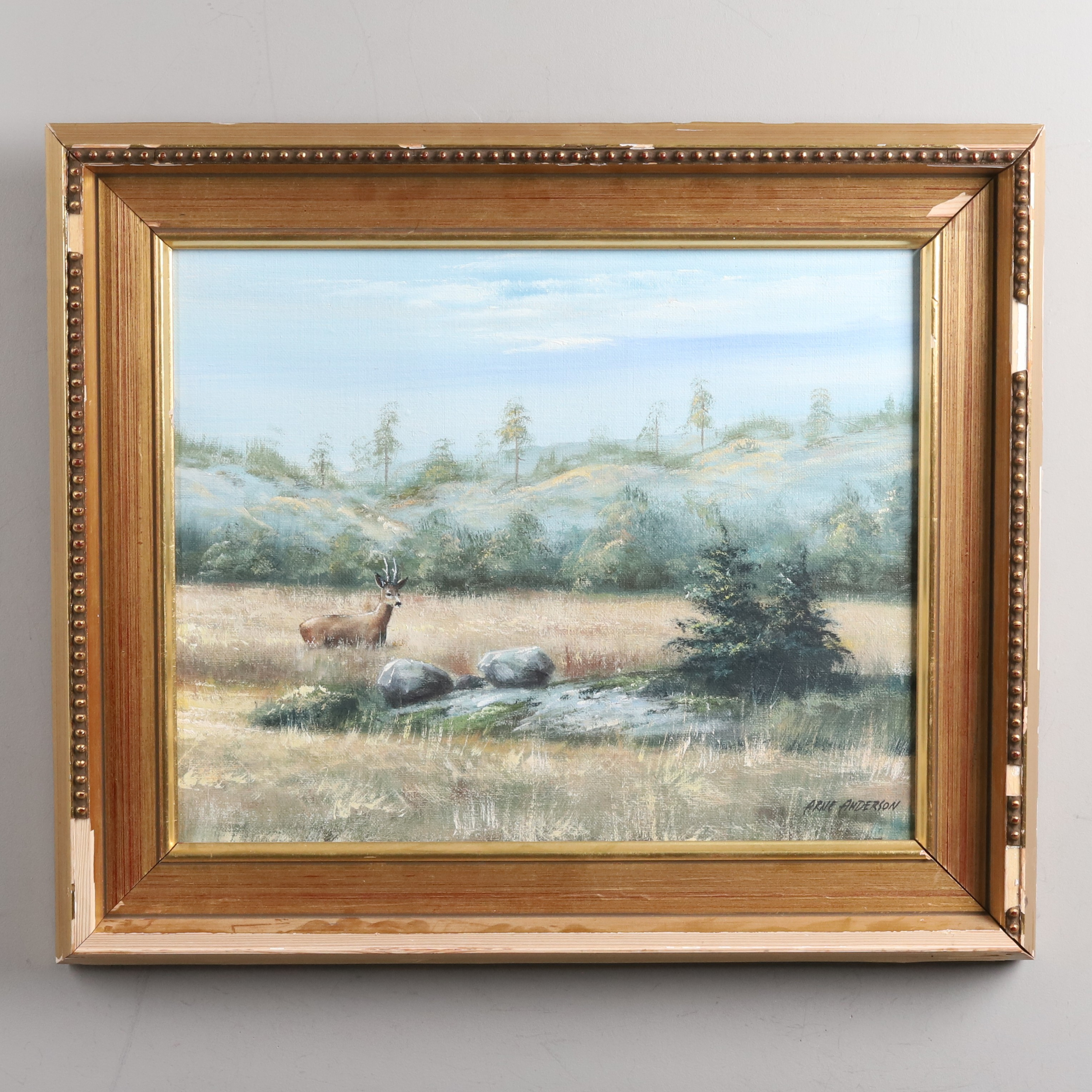ARNE ANDERSSON. Olja på duk, "Rådjur i högt gräs", signerad.